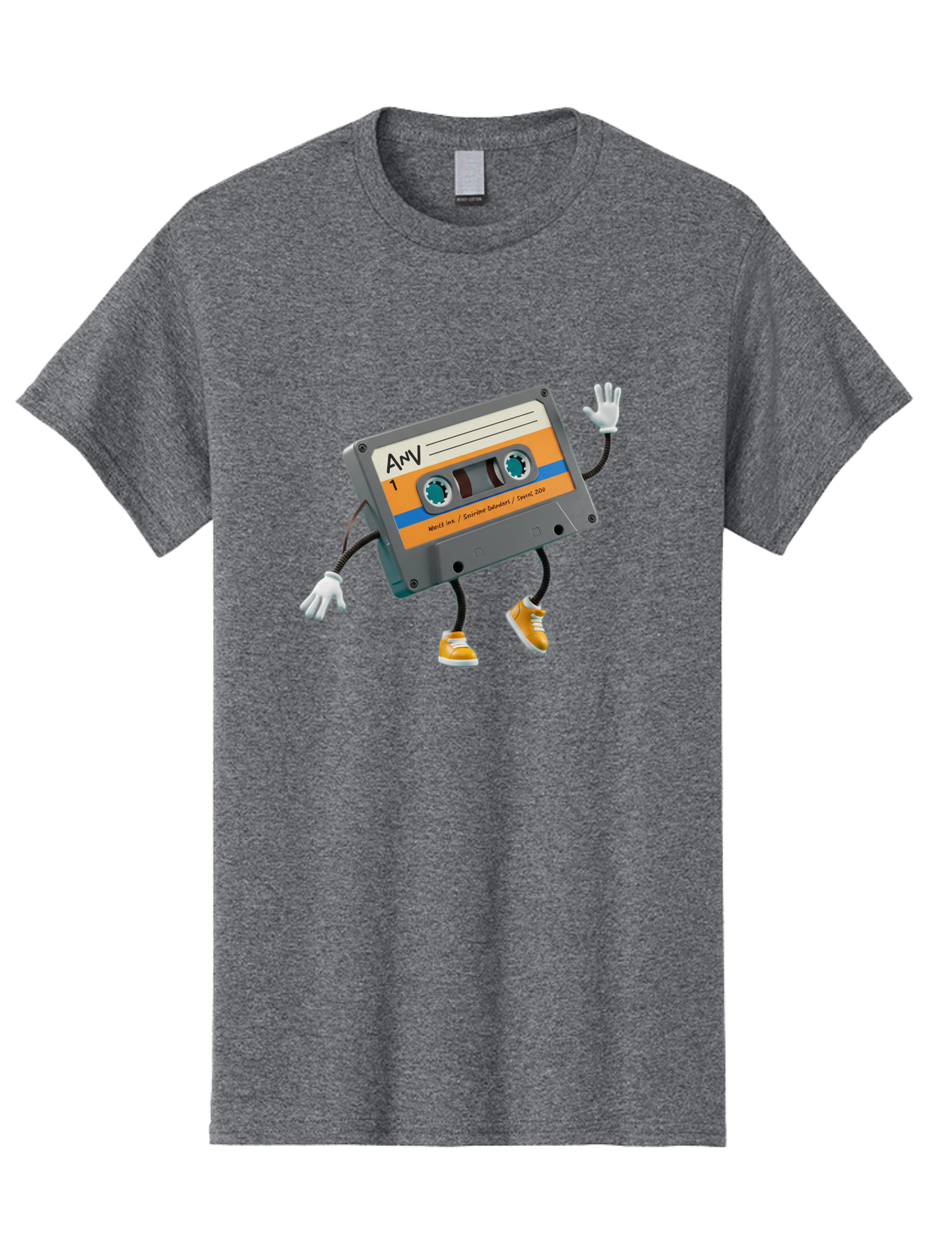 Cassette-Tape-1 Men'S Graphic Tee, 100% Cotton, Comfortable Casual Summer Wear, Machine Washable, Cartoon Cassette Tape, Anthropomorphic Character, Retro Music, Orange Sneakers, Waving Gesture, Fun Design, Nostalgic Vibe, Playful Illustration, Baa259