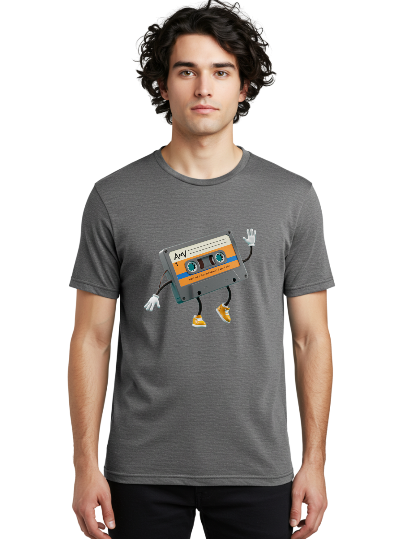 Cassette-Tape-1 Men'S Graphic Tee, 100% Cotton, Comfortable Casual Summer Wear, Machine Washable, Cartoon Cassette Tape, Anthropomorphic Character, Retro Music, Orange Sneakers, Waving Gesture, Fun Design, Nostalgic Vibe, Playful Illustration, Baa259