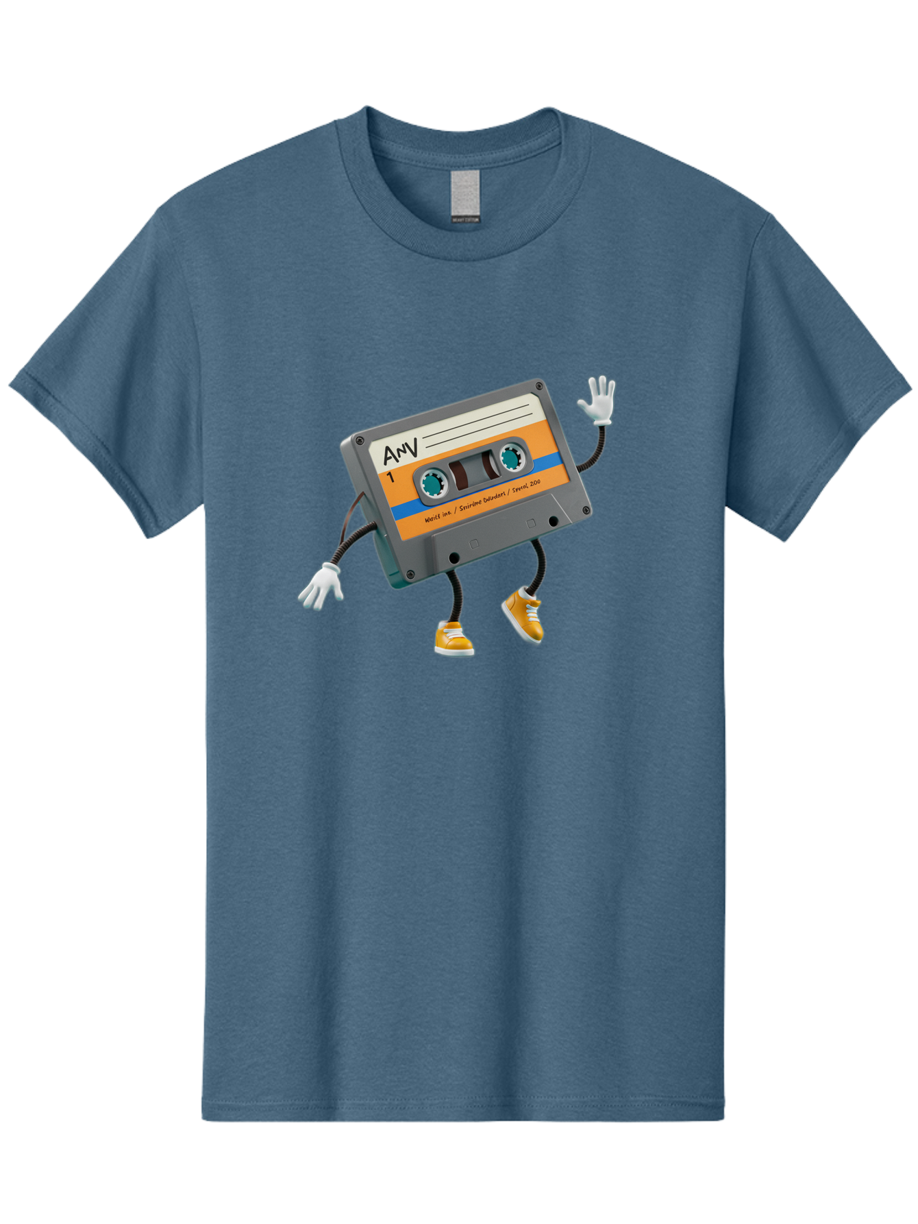 Cassette-Tape-1 Men'S Graphic Tee, 100% Cotton, Comfortable Casual Summer Wear, Machine Washable, Cartoon Cassette Tape, Anthropomorphic Character, Retro Music, Orange Sneakers, Waving Gesture, Fun Design, Nostalgic Vibe, Playful Illustration, Baa259