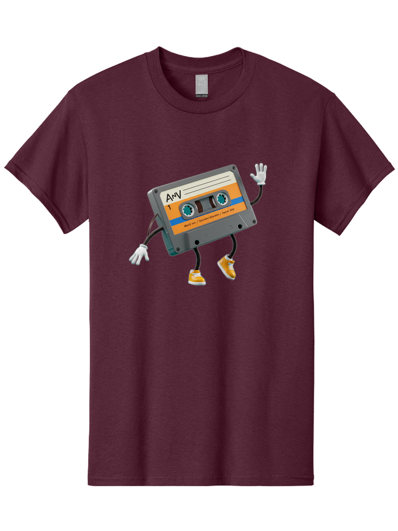 Cassette-Tape-1 Men'S Graphic Tee, 100% Cotton, Comfortable Casual Summer Wear, Machine Washable, Cartoon Cassette Tape, Anthropomorphic Character, Retro Music, Orange Sneakers, Waving Gesture, Fun Design, Nostalgic Vibe, Playful Illustration, Baa259