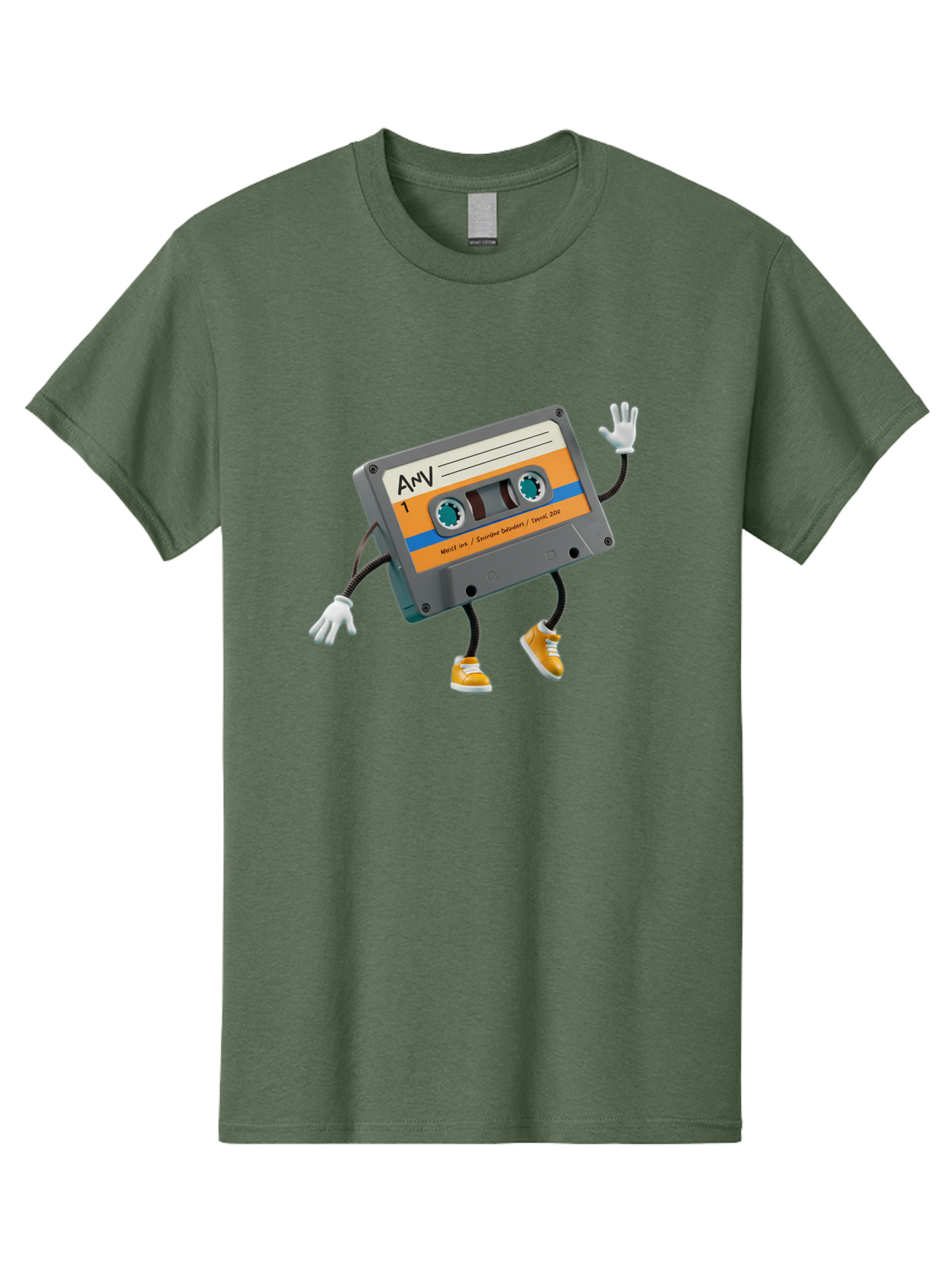 Cassette-Tape-1 Men'S Graphic Tee, 100% Cotton, Comfortable Casual Summer Wear, Machine Washable, Cartoon Cassette Tape, Anthropomorphic Character, Retro Music, Orange Sneakers, Waving Gesture, Fun Design, Nostalgic Vibe, Playful Illustration, Baa259