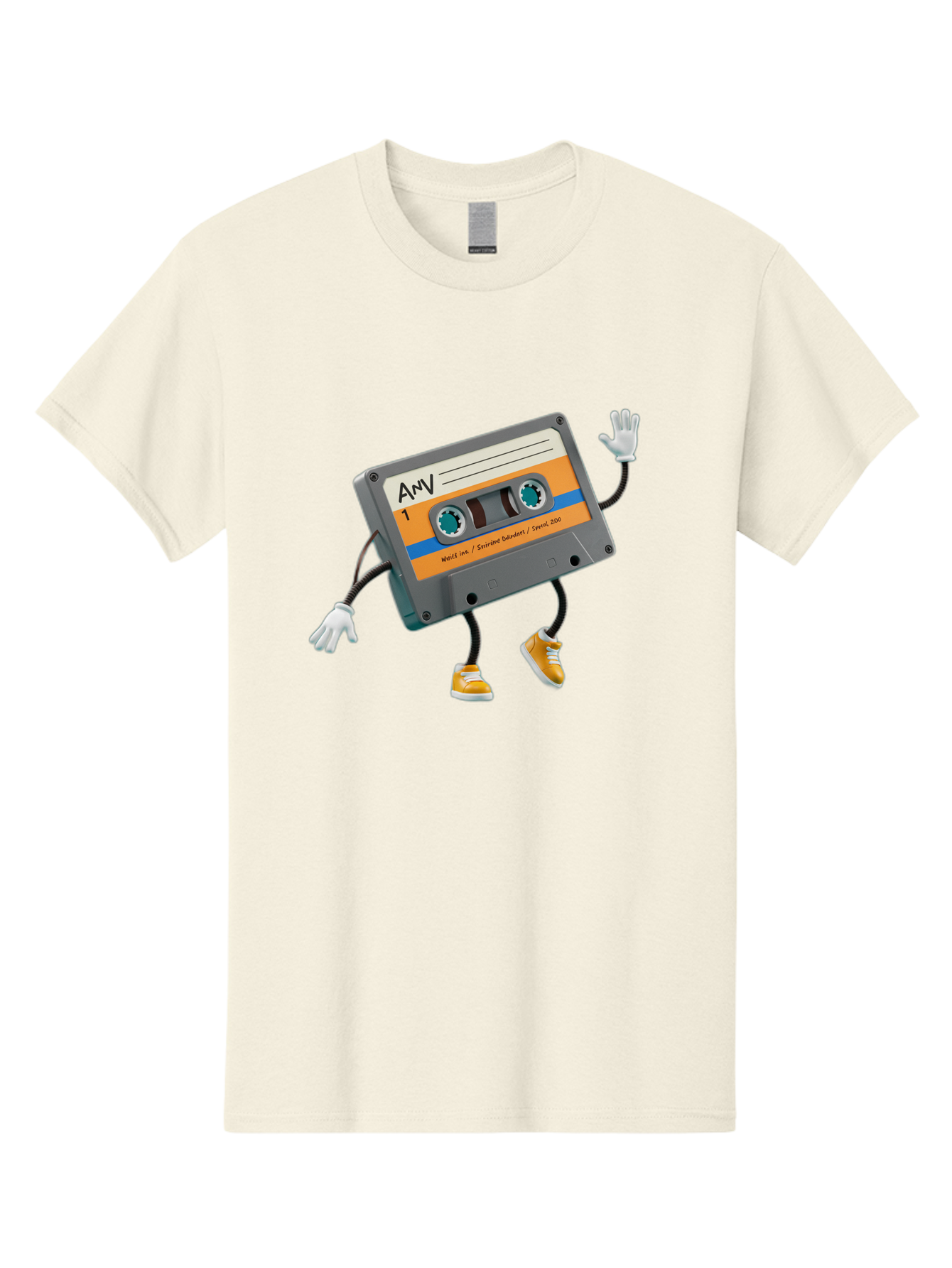 Cassette-Tape-1 Men'S Graphic Tee, 100% Cotton, Comfortable Casual Summer Wear, Machine Washable, Cartoon Cassette Tape, Anthropomorphic Character, Retro Music, Orange Sneakers, Waving Gesture, Fun Design, Nostalgic Vibe, Playful Illustration, Baa259