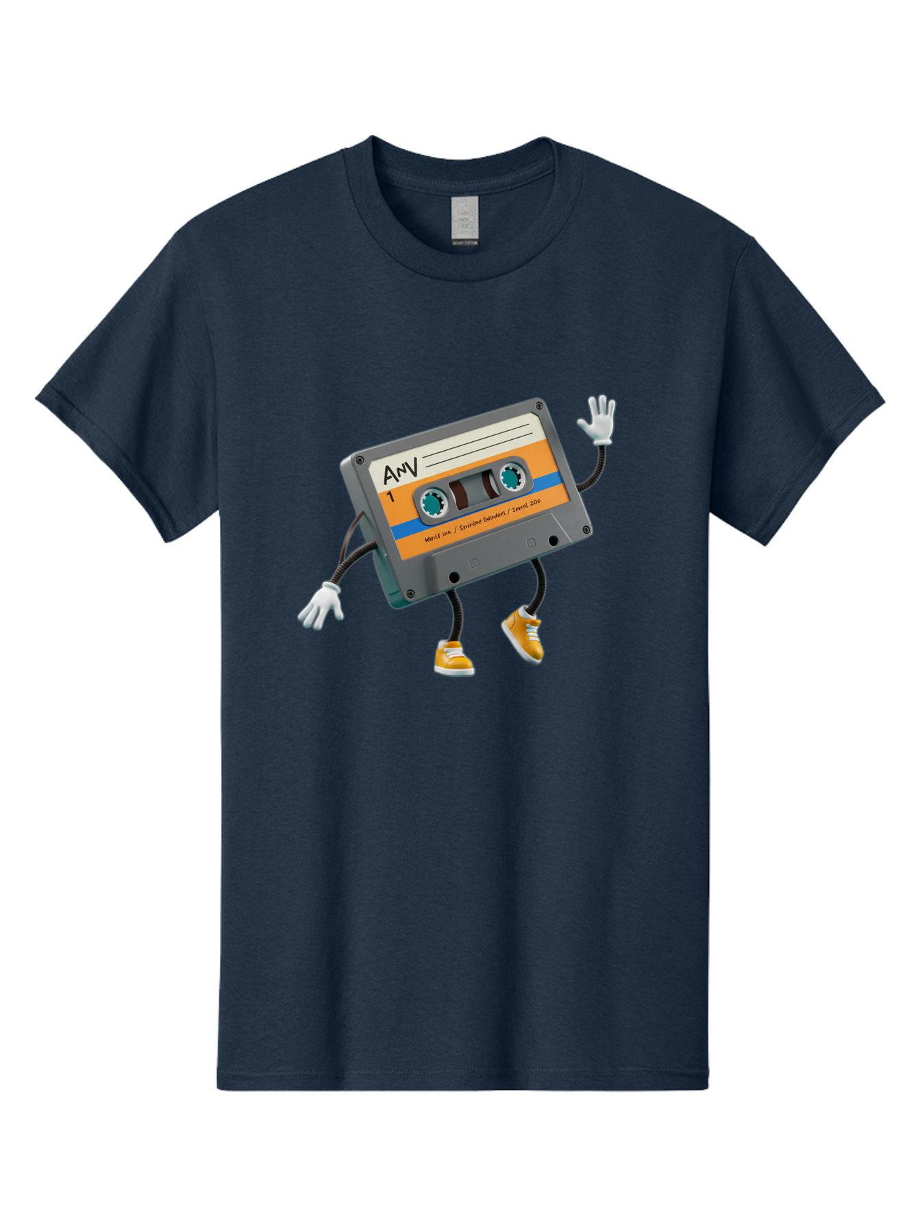 Cassette-Tape-1 Men'S Graphic Tee, 100% Cotton, Comfortable Casual Summer Wear, Machine Washable, Cartoon Cassette Tape, Anthropomorphic Character, Retro Music, Orange Sneakers, Waving Gesture, Fun Design, Nostalgic Vibe, Playful Illustration, Baa259
