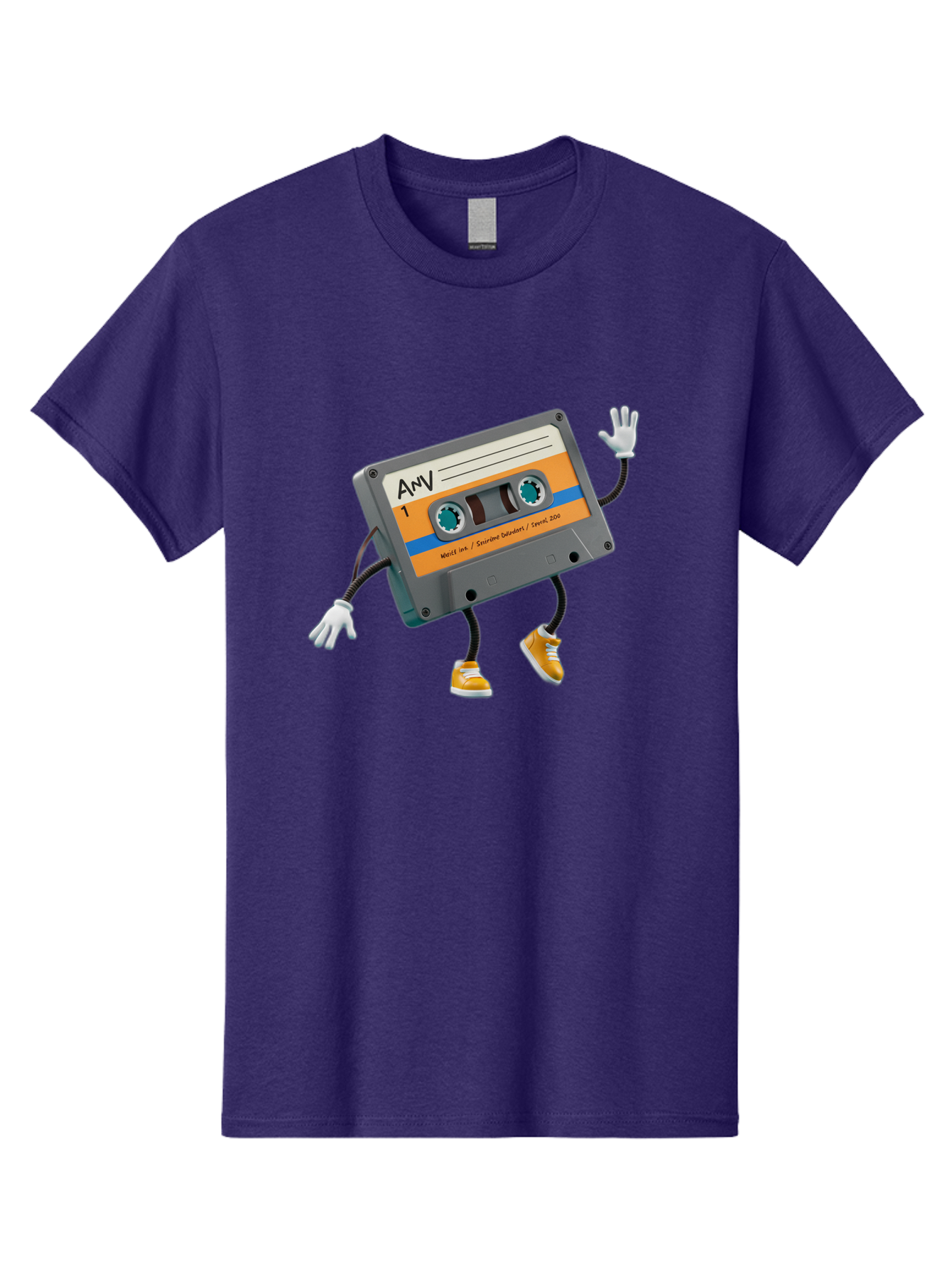 Cassette-Tape-1 Men'S Graphic Tee, 100% Cotton, Comfortable Casual Summer Wear, Machine Washable, Cartoon Cassette Tape, Anthropomorphic Character, Retro Music, Orange Sneakers, Waving Gesture, Fun Design, Nostalgic Vibe, Playful Illustration, Baa259