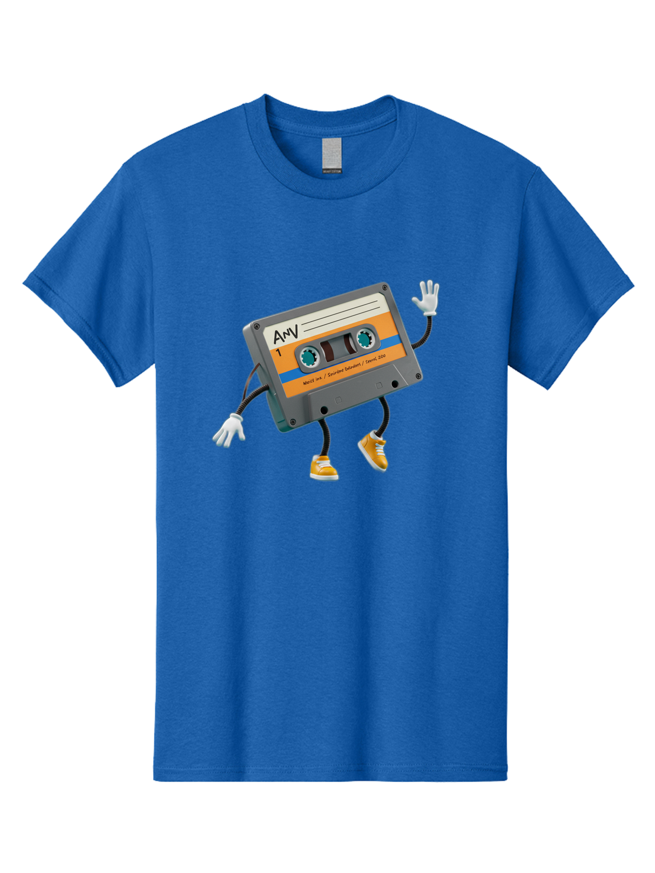 Cassette-Tape-1 Men'S Graphic Tee, 100% Cotton, Comfortable Casual Summer Wear, Machine Washable, Cartoon Cassette Tape, Anthropomorphic Character, Retro Music, Orange Sneakers, Waving Gesture, Fun Design, Nostalgic Vibe, Playful Illustration, Baa259