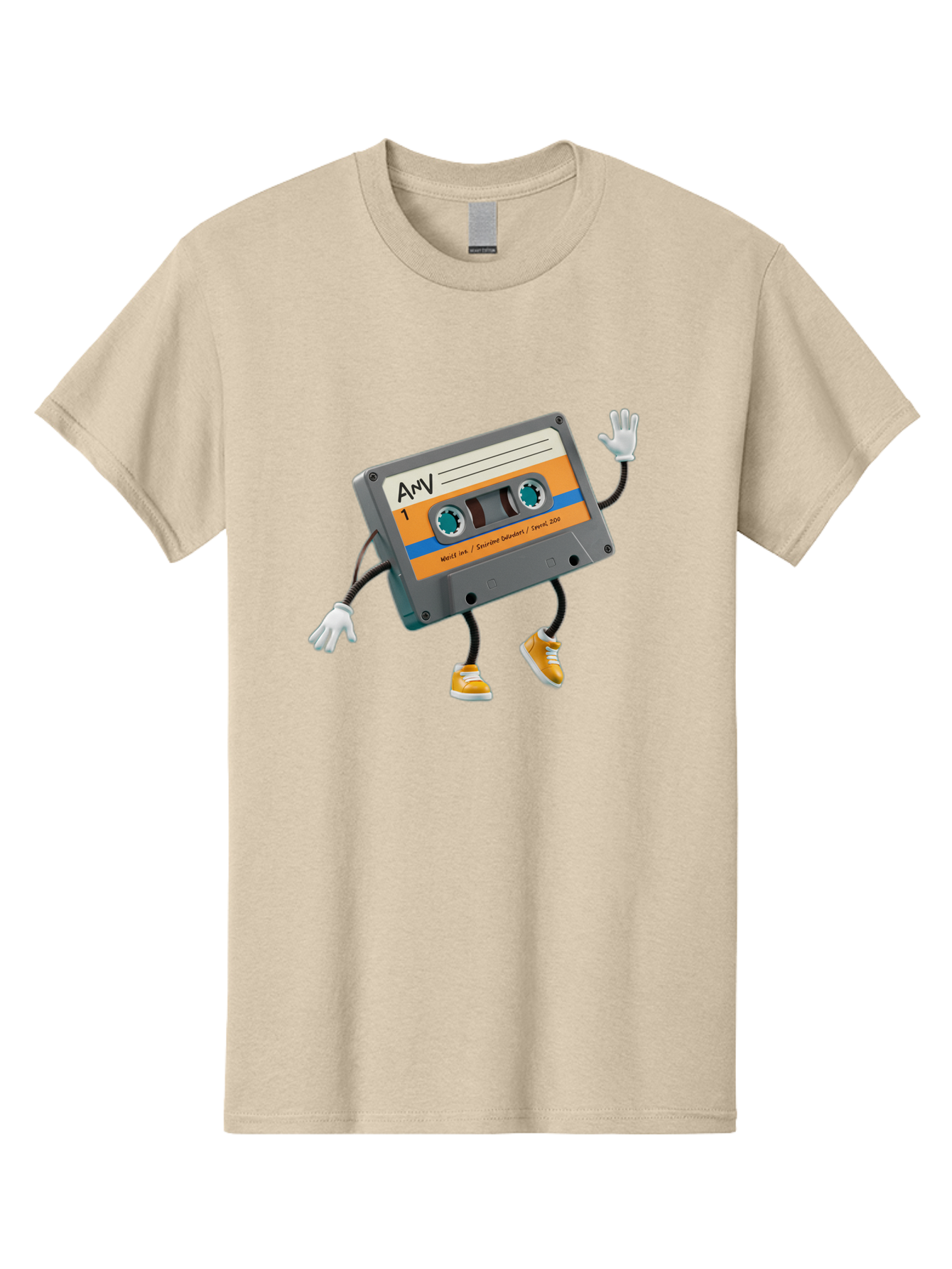 Cassette-Tape-1 Men'S Graphic Tee, 100% Cotton, Comfortable Casual Summer Wear, Machine Washable, Cartoon Cassette Tape, Anthropomorphic Character, Retro Music, Orange Sneakers, Waving Gesture, Fun Design, Nostalgic Vibe, Playful Illustration, Baa259