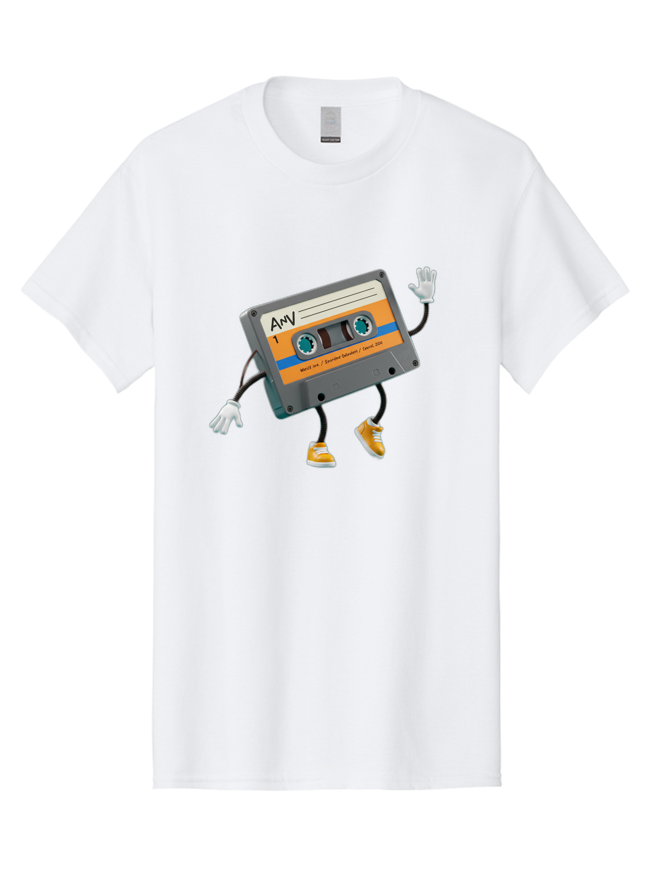Cassette-Tape-1 Men'S Graphic Tee, 100% Cotton, Comfortable Casual Summer Wear, Machine Washable, Cartoon Cassette Tape, Anthropomorphic Character, Retro Music, Orange Sneakers, Waving Gesture, Fun Design, Nostalgic Vibe, Playful Illustration, Baa259