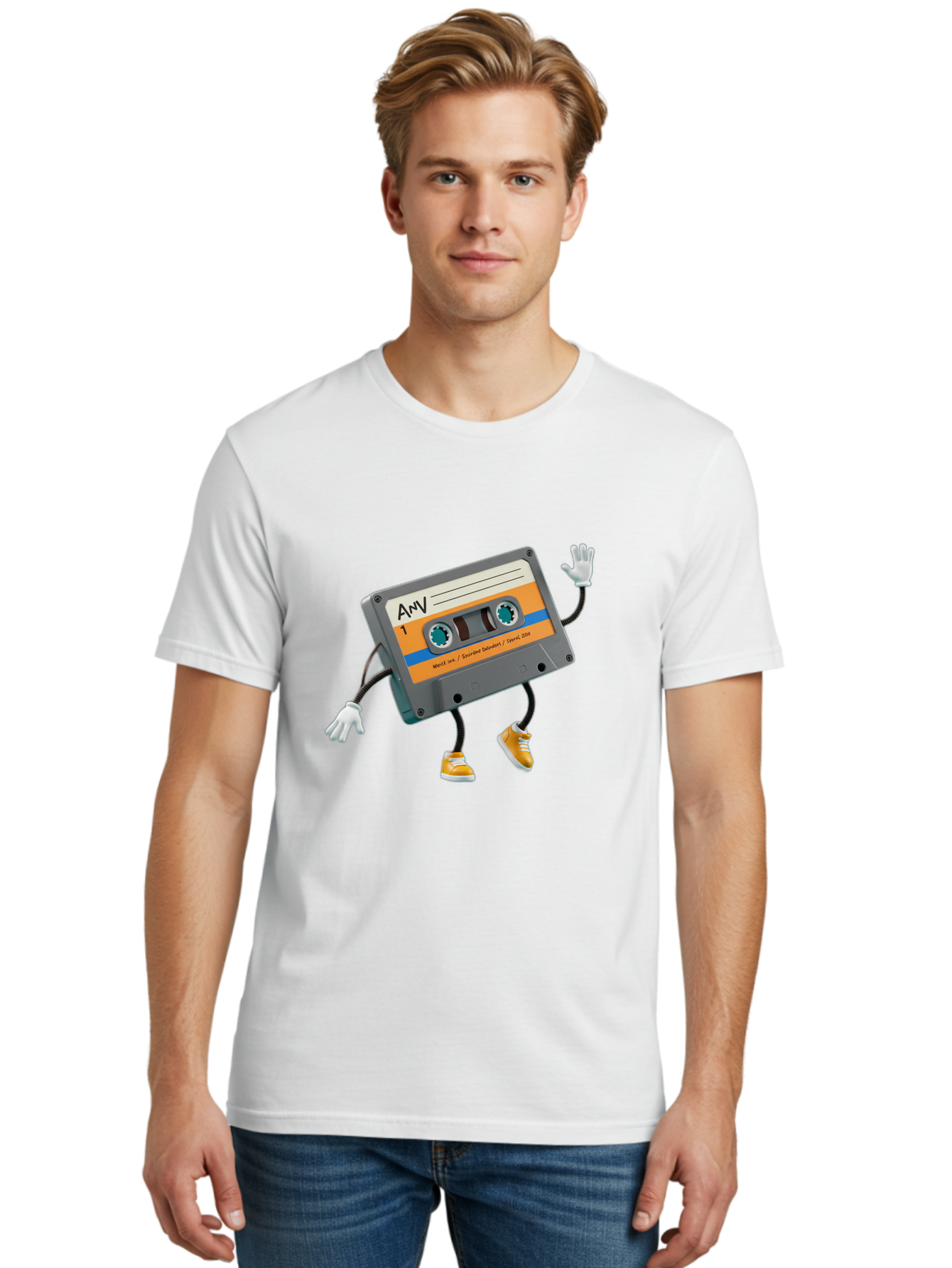 Cassette-Tape-1 Men'S Graphic Tee, 100% Cotton, Comfortable Casual Summer Wear, Machine Washable, Cartoon Cassette Tape, Anthropomorphic Character, Retro Music, Orange Sneakers, Waving Gesture, Fun Design, Nostalgic Vibe, Playful Illustration, Baa259