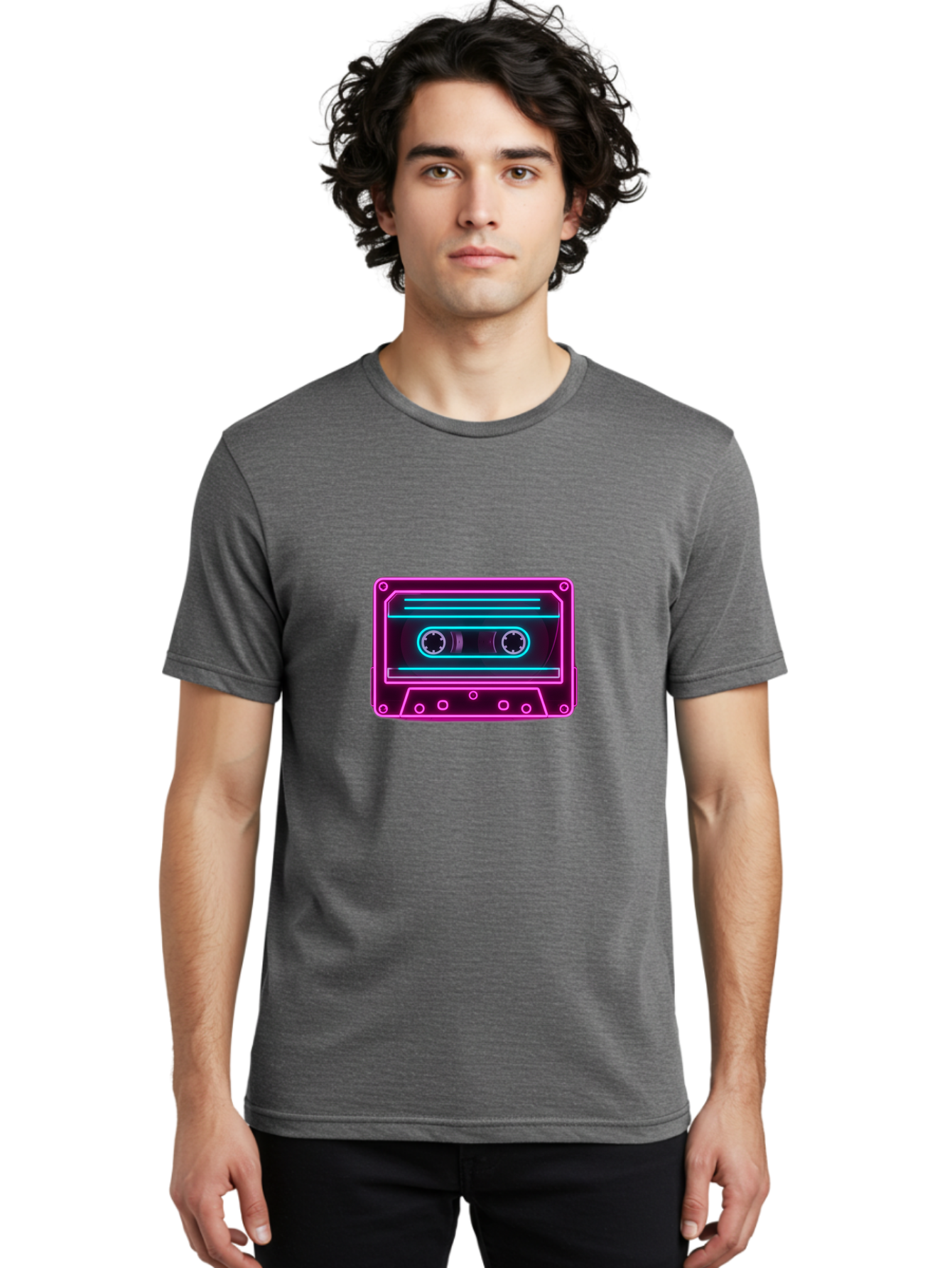 Cassette-Tape-2 Men'S Graphic Tee, 100% Cotton, Comfortable Casual Summer Wear, Machine Washable, Retro Cassette Tape, Neon Lights, Colorful, Nostalgic Music, 80S And 90S Vibe, Music Technology, Audio Nostalgia, Vintage Electronics, Baa260