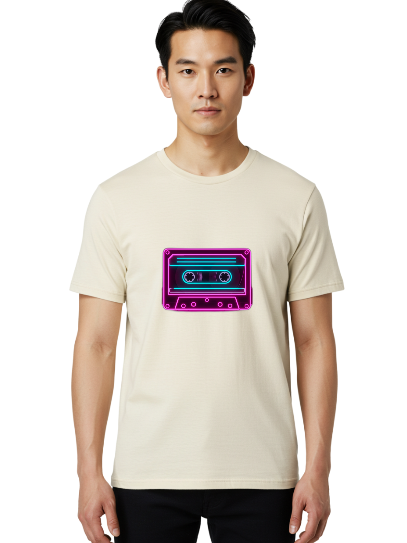 Cassette-Tape-2 Men'S Graphic Tee, 100% Cotton, Comfortable Casual Summer Wear, Machine Washable, Retro Cassette Tape, Neon Lights, Colorful, Nostalgic Music, 80S And 90S Vibe, Music Technology, Audio Nostalgia, Vintage Electronics, Baa260