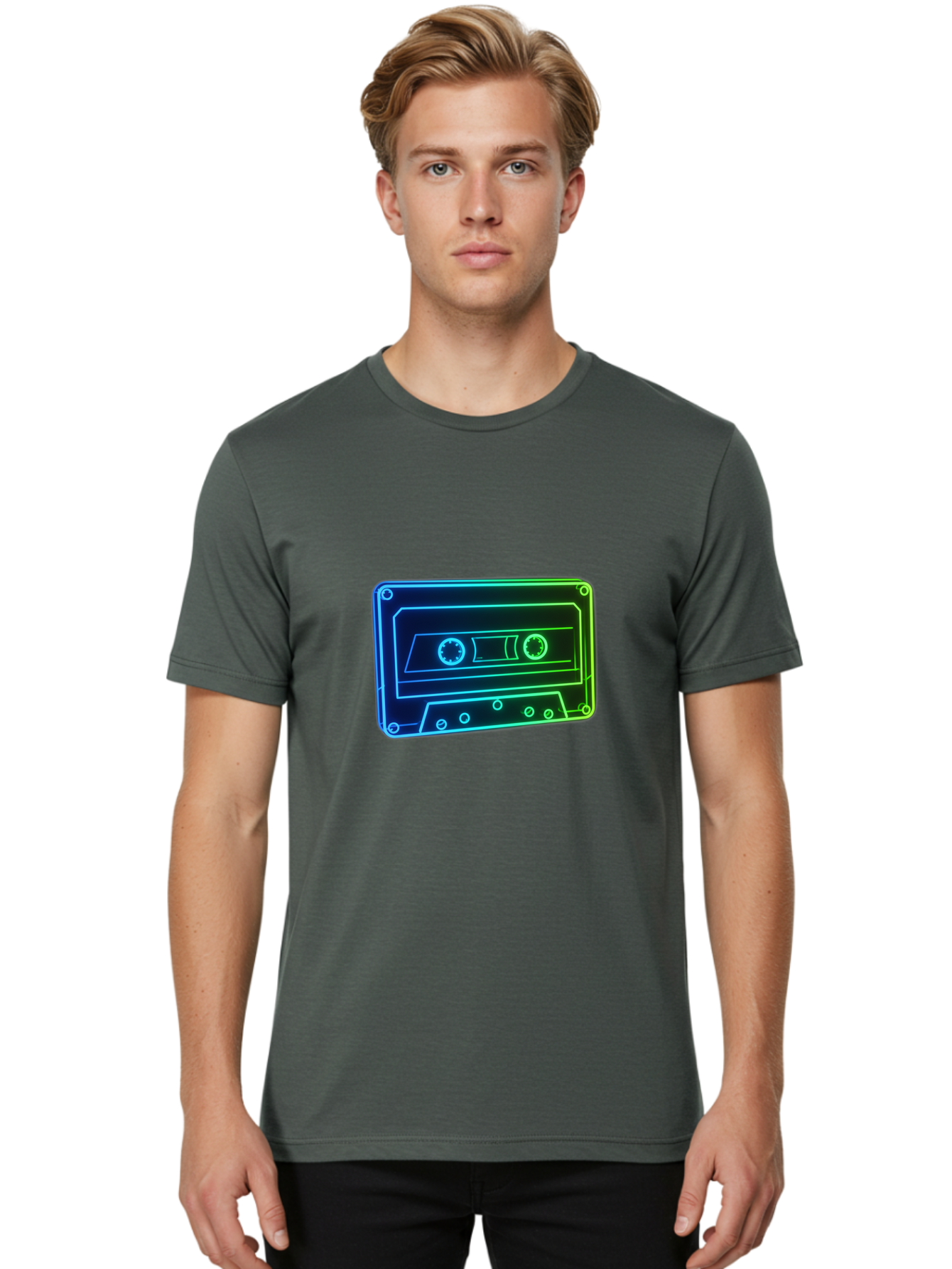 Cassette-Tape-5 Men'S Graphic Tee, 100% Cotton, Comfortable Casual Summer Wear, Machine Washable, Retro Cassette Tape, Vintage Music Format, Nostalgic Design, Neon Outline, Blue Glow, Music Nostalgia, Retro Technology, 80S Memorabilia, Baa263
