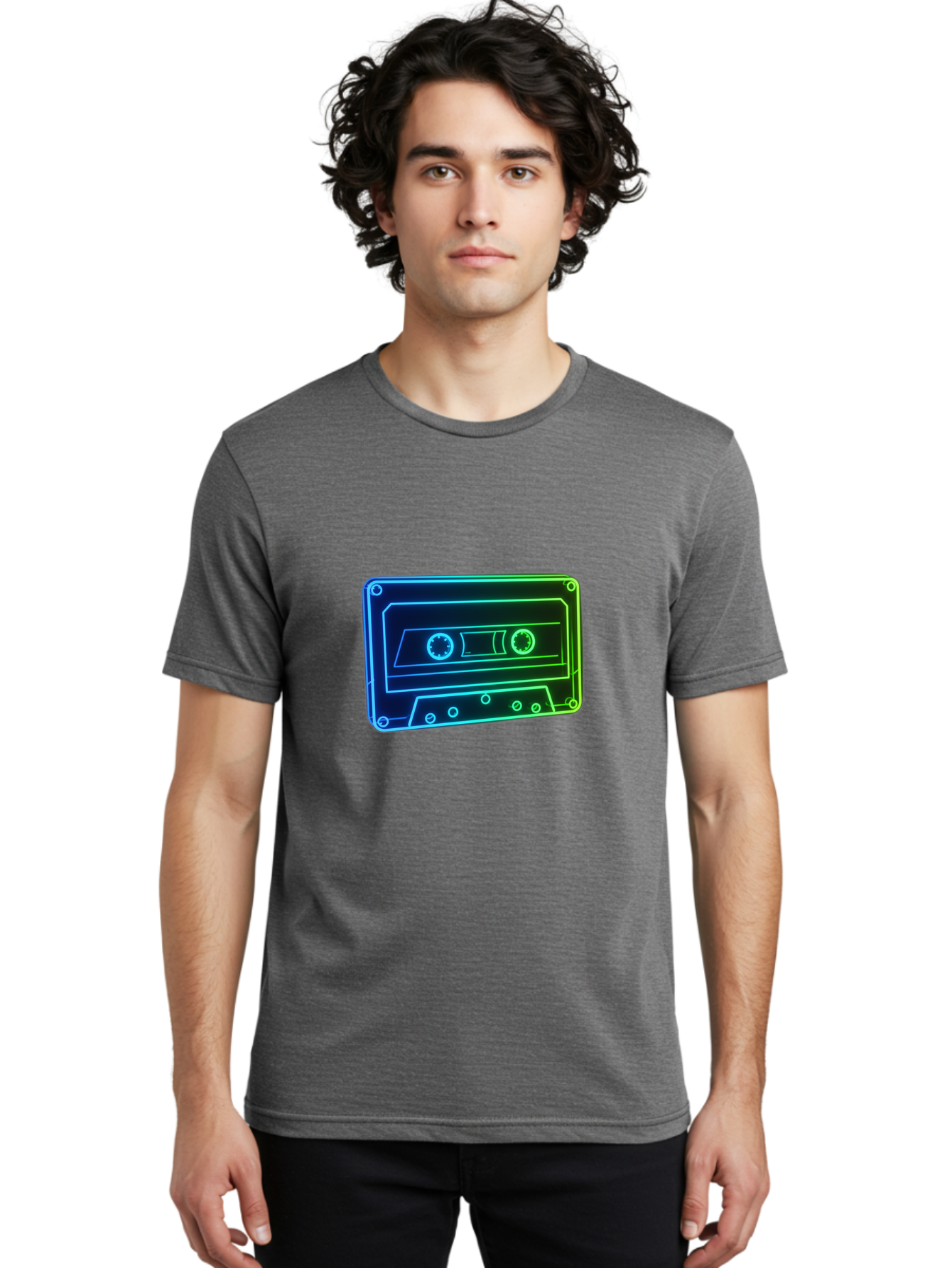 Cassette-Tape-5 Men'S Graphic Tee, 100% Cotton, Comfortable Casual Summer Wear, Machine Washable, Retro Cassette Tape, Vintage Music Format, Nostalgic Design, Neon Outline, Blue Glow, Music Nostalgia, Retro Technology, 80S Memorabilia, Baa263