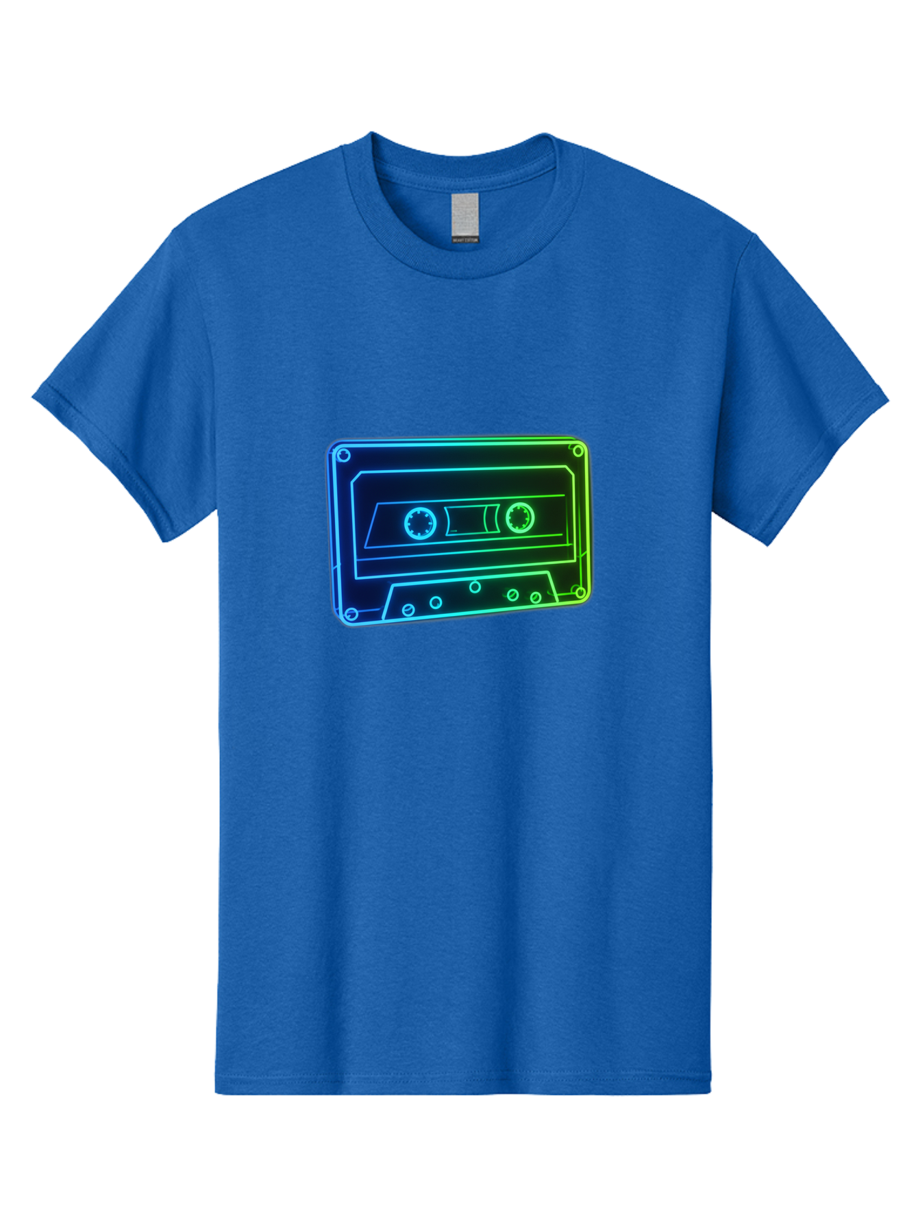 Cassette-Tape-5 Men'S Graphic Tee, 100% Cotton, Comfortable Casual Summer Wear, Machine Washable, Retro Cassette Tape, Vintage Music Format, Nostalgic Design, Neon Outline, Blue Glow, Music Nostalgia, Retro Technology, 80S Memorabilia, Baa263