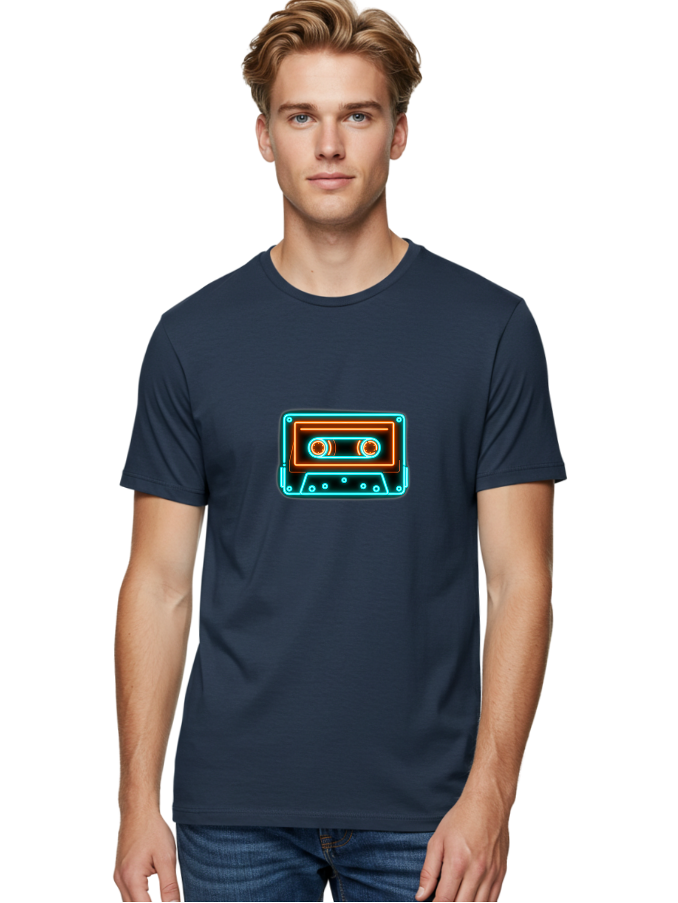 Cassette-Tape-6 Men'S Graphic Tee, 100% Cotton, Comfortable Casual Summer Wear, Machine Washable, Retro Cassette Tape, Neon Lights, Vibrant Colors, Nostalgic Music, Retro Technology, 80S And 90S Memorabilia, Music Lover, Vintage Audio Baa264