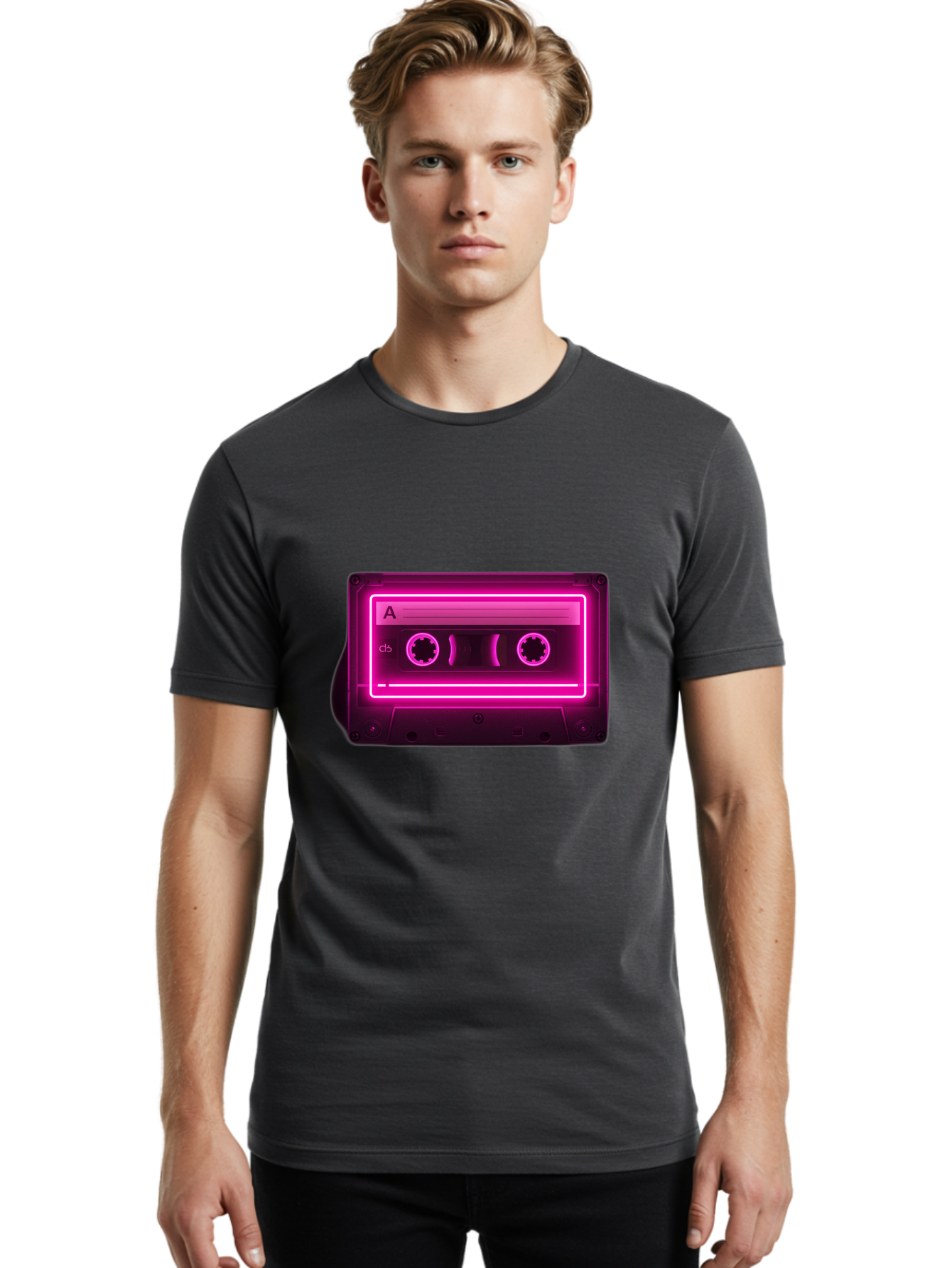 Cassette-Tape-A-5 Men'S Graphic Tee, 100% Cotton, Comfortable Casual Summer Wear, Machine Washable, Cassette Tape, Retro Music, Vintage Technology, Neon Lights, Pink Glow, Cassette A, Cb Label, 80S Nostalgia, Music Lover, Retro Vibe Baa269