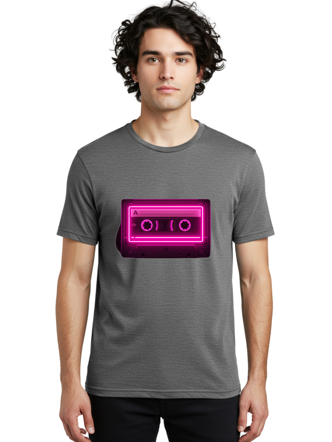 Cassette-Tape-A-5 Men'S Graphic Tee, 100% Cotton, Comfortable Casual Summer Wear, Machine Washable, Cassette Tape, Retro Music, Vintage Technology, Neon Lights, Pink Glow, Cassette A, Cb Label, 80S Nostalgia, Music Lover, Retro Vibe Baa269