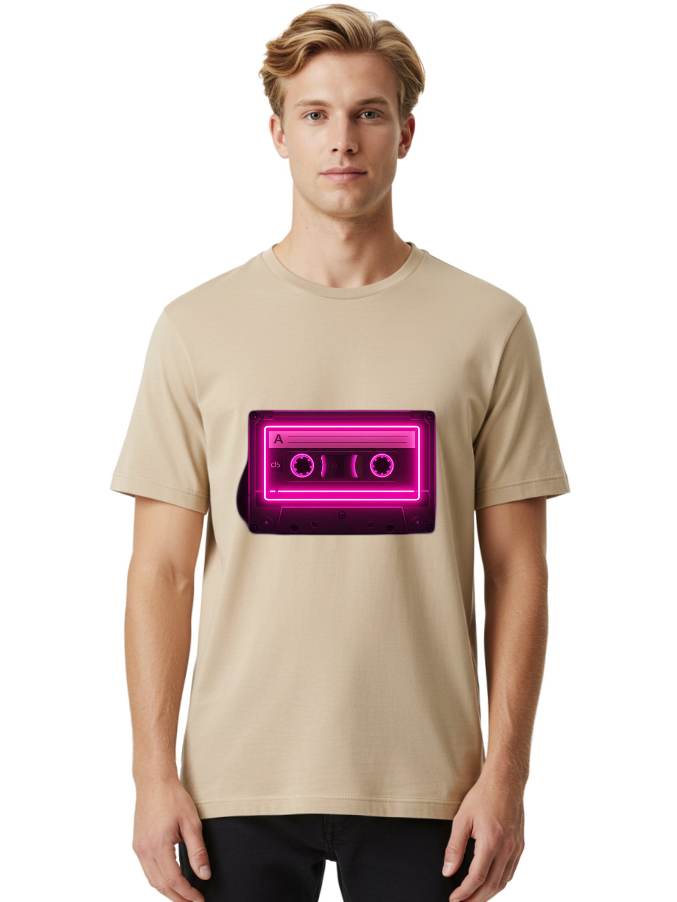 Cassette-Tape-A-5 Men'S Graphic Tee, 100% Cotton, Comfortable Casual Summer Wear, Machine Washable, Cassette Tape, Retro Music, Vintage Technology, Neon Lights, Pink Glow, Cassette A, Cb Label, 80S Nostalgia, Music Lover, Retro Vibe Baa269