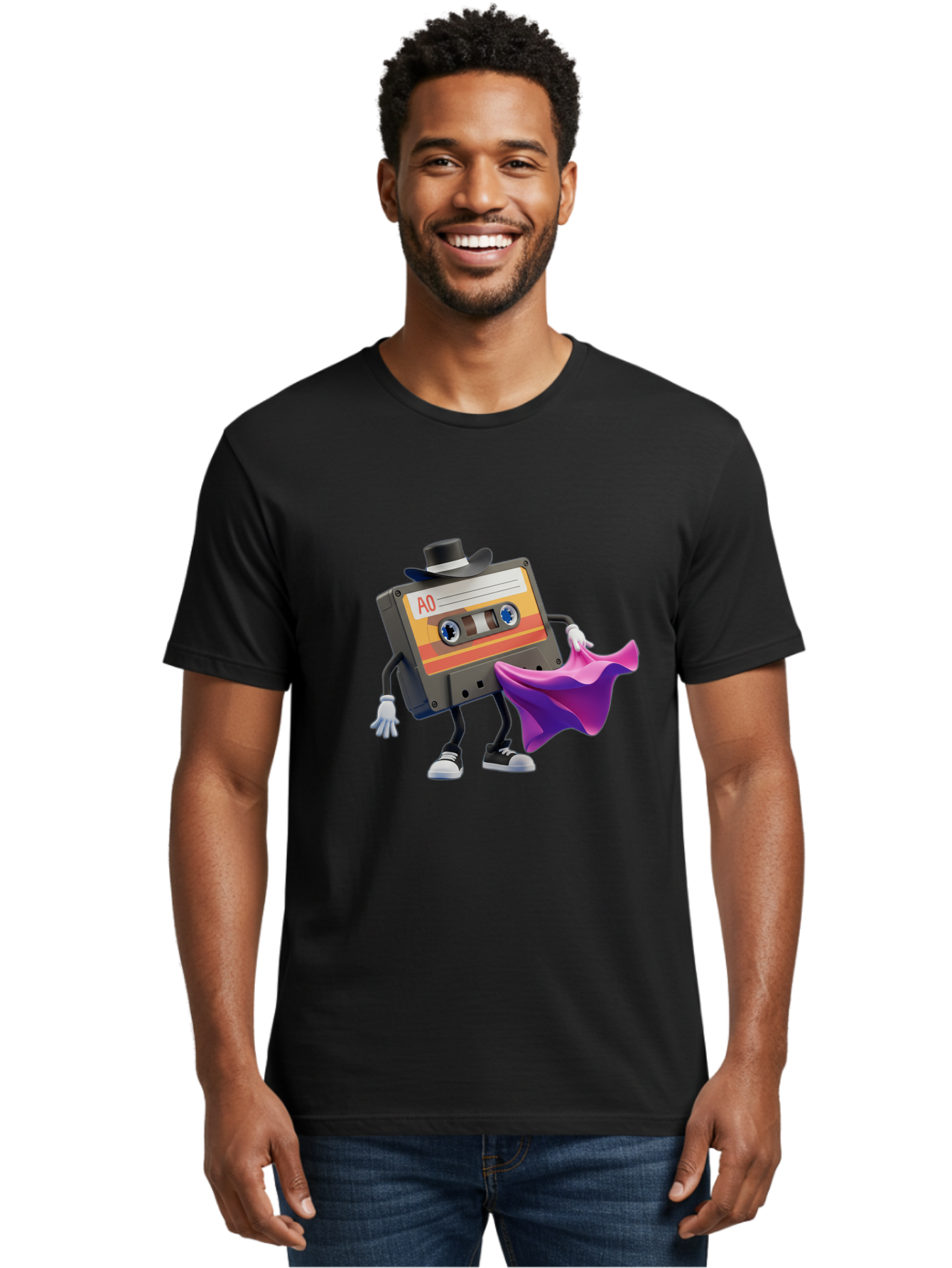 Cassette-Tape-A0 Men'S Graphic Tee, 100% Cotton, Comfortable Casual Summer Wear, Machine Washable, Cassette Tape Character, Retro Music, Vintage Style, A0 Label, Fancy Hat, Cape, Cool Pose, Nostalgic Charm, Funky Vibe Baa272