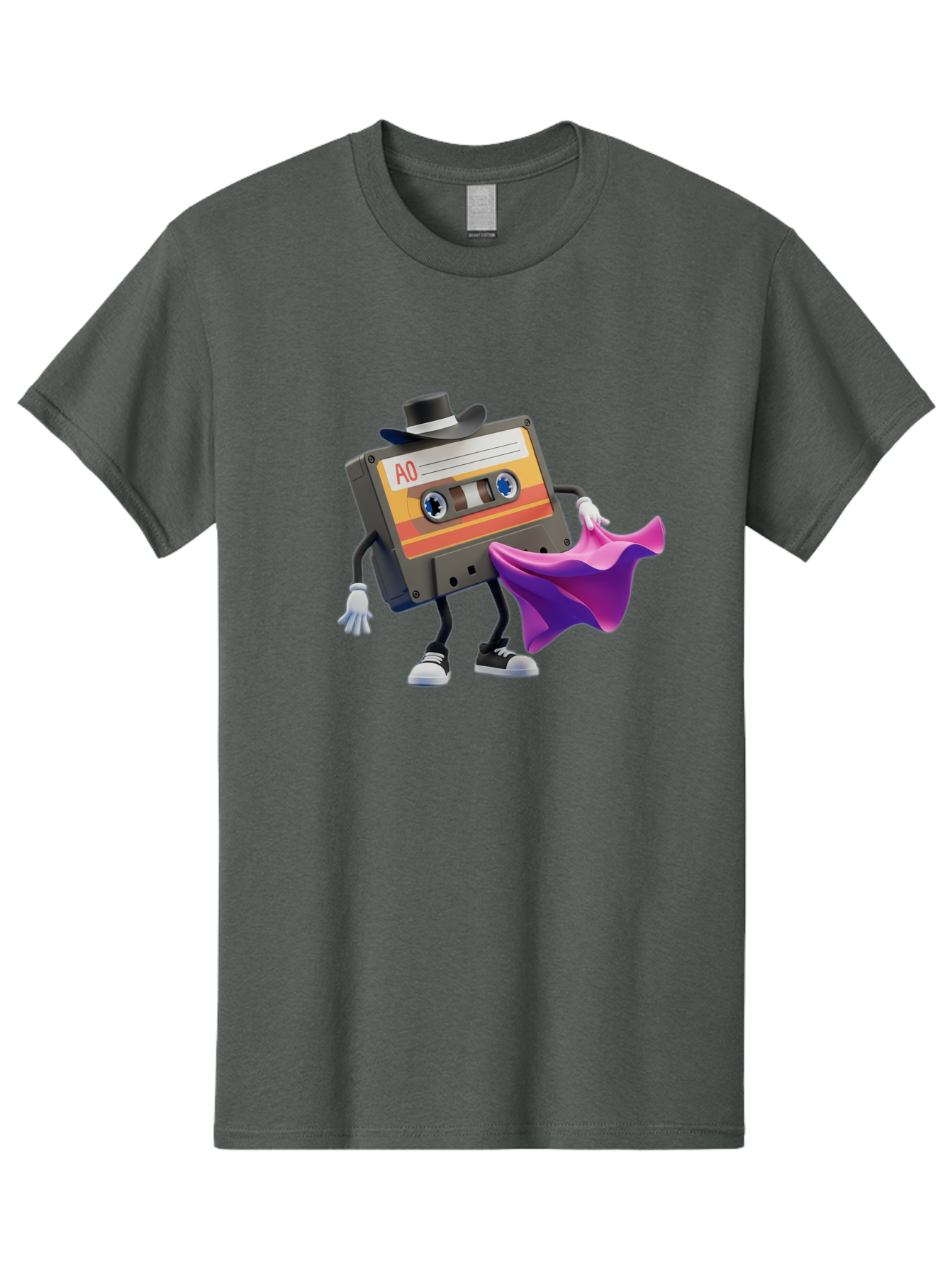 Cassette-Tape-A0 Men'S Graphic Tee, 100% Cotton, Comfortable Casual Summer Wear, Machine Washable, Cassette Tape Character, Retro Music, Vintage Style, A0 Label, Fancy Hat, Cape, Cool Pose, Nostalgic Charm, Funky Vibe Baa272