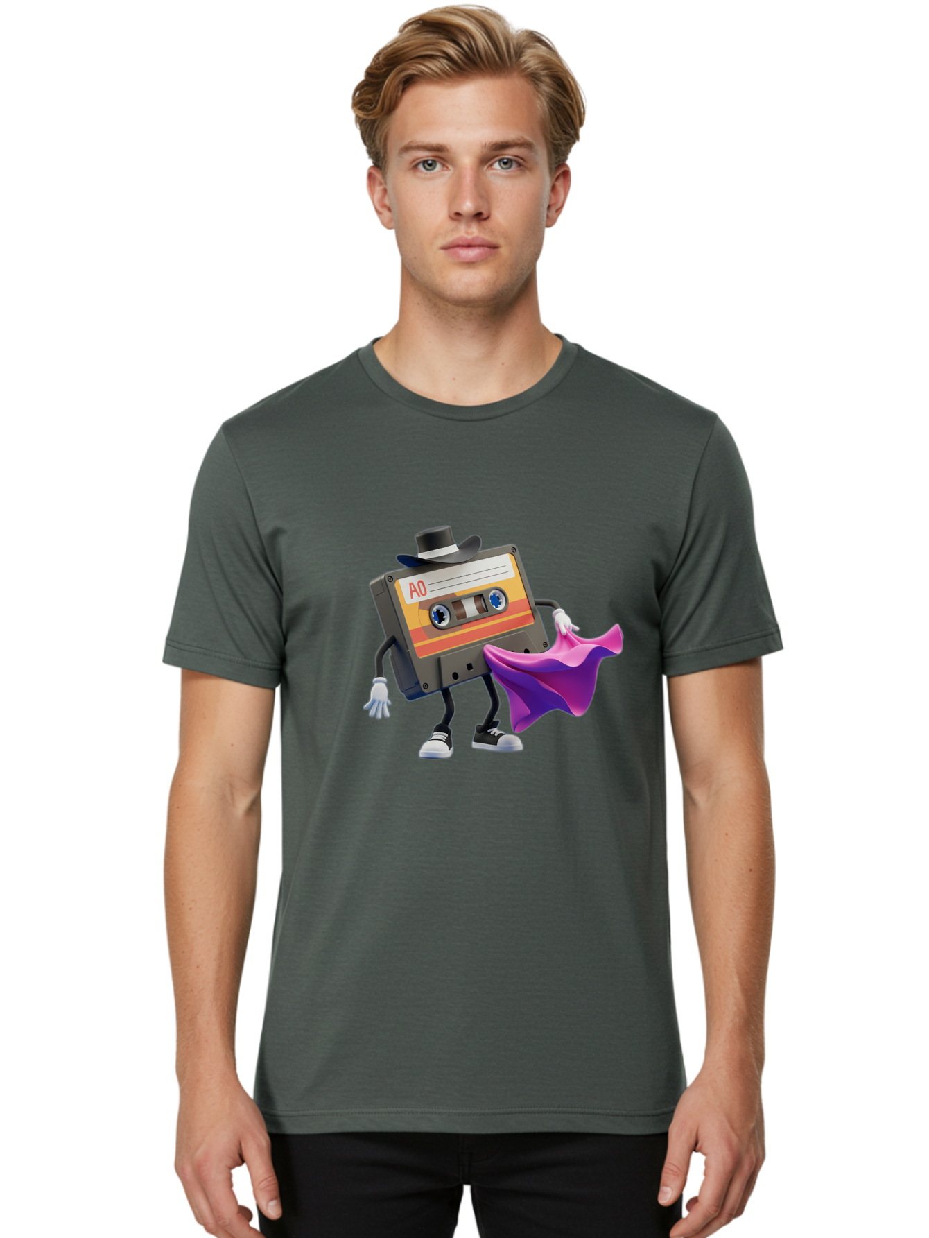 Cassette-Tape-A0 Men'S Graphic Tee, 100% Cotton, Comfortable Casual Summer Wear, Machine Washable, Cassette Tape Character, Retro Music, Vintage Style, A0 Label, Fancy Hat, Cape, Cool Pose, Nostalgic Charm, Funky Vibe Baa272