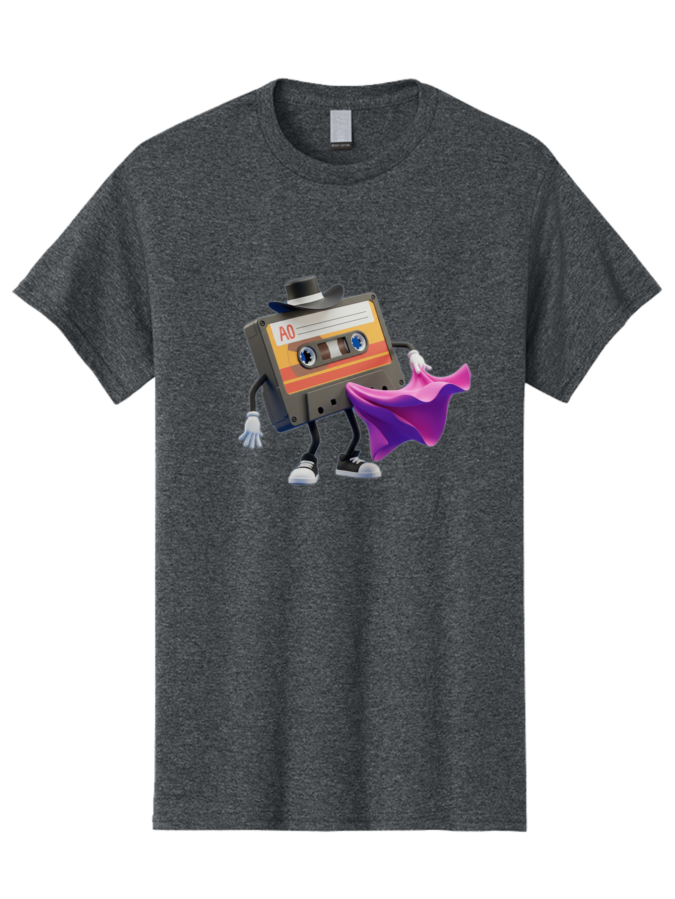 Cassette-Tape-A0 Men'S Graphic Tee, 100% Cotton, Comfortable Casual Summer Wear, Machine Washable, Cassette Tape Character, Retro Music, Vintage Style, A0 Label, Fancy Hat, Cape, Cool Pose, Nostalgic Charm, Funky Vibe Baa272