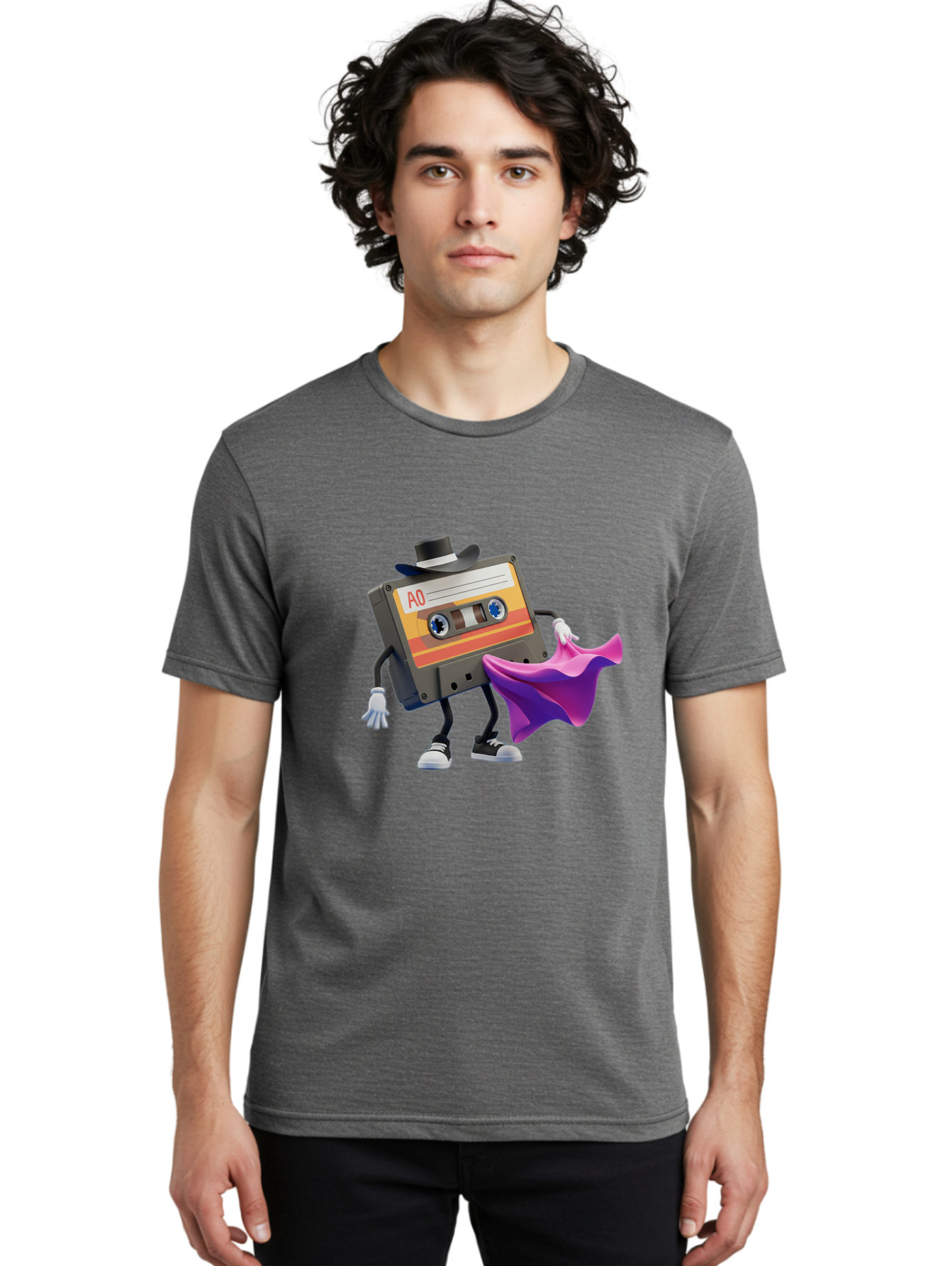 Cassette-Tape-A0 Men'S Graphic Tee, 100% Cotton, Comfortable Casual Summer Wear, Machine Washable, Cassette Tape Character, Retro Music, Vintage Style, A0 Label, Fancy Hat, Cape, Cool Pose, Nostalgic Charm, Funky Vibe Baa272