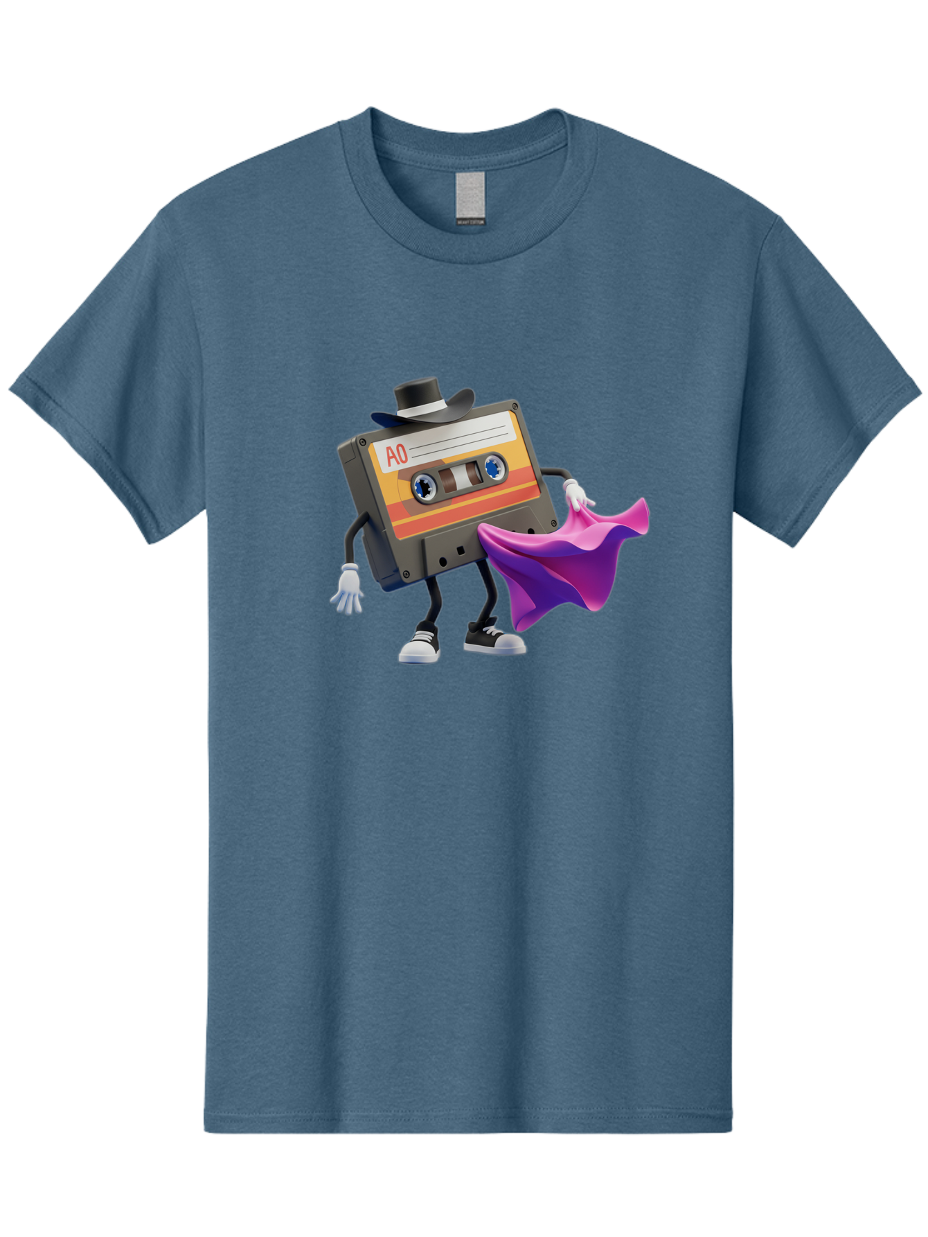 Cassette-Tape-A0 Men'S Graphic Tee, 100% Cotton, Comfortable Casual Summer Wear, Machine Washable, Cassette Tape Character, Retro Music, Vintage Style, A0 Label, Fancy Hat, Cape, Cool Pose, Nostalgic Charm, Funky Vibe Baa272