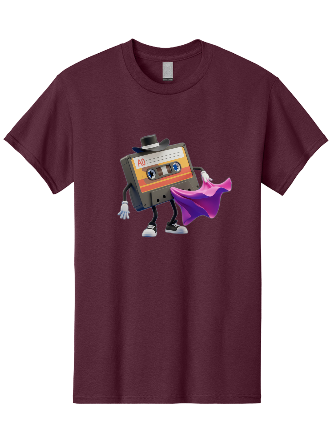 Cassette-Tape-A0 Men'S Graphic Tee, 100% Cotton, Comfortable Casual Summer Wear, Machine Washable, Cassette Tape Character, Retro Music, Vintage Style, A0 Label, Fancy Hat, Cape, Cool Pose, Nostalgic Charm, Funky Vibe Baa272