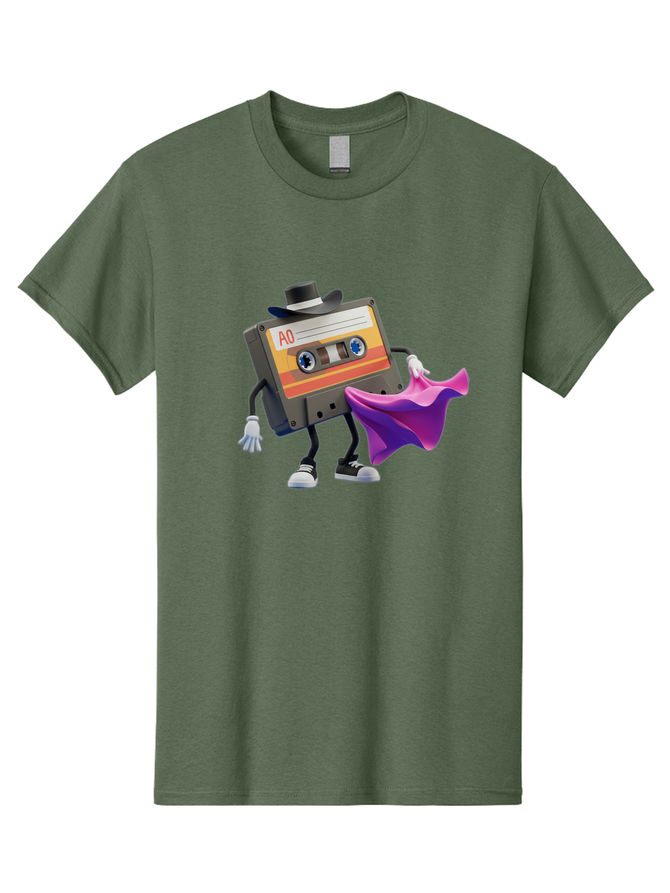 Cassette-Tape-A0 Men'S Graphic Tee, 100% Cotton, Comfortable Casual Summer Wear, Machine Washable, Cassette Tape Character, Retro Music, Vintage Style, A0 Label, Fancy Hat, Cape, Cool Pose, Nostalgic Charm, Funky Vibe Baa272