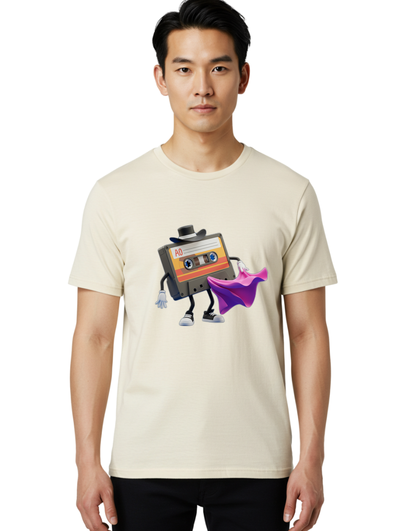 Cassette-Tape-A0 Men'S Graphic Tee, 100% Cotton, Comfortable Casual Summer Wear, Machine Washable, Cassette Tape Character, Retro Music, Vintage Style, A0 Label, Fancy Hat, Cape, Cool Pose, Nostalgic Charm, Funky Vibe Baa272
