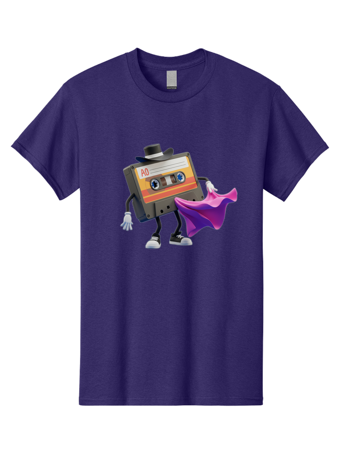 Cassette-Tape-A0 Men'S Graphic Tee, 100% Cotton, Comfortable Casual Summer Wear, Machine Washable, Cassette Tape Character, Retro Music, Vintage Style, A0 Label, Fancy Hat, Cape, Cool Pose, Nostalgic Charm, Funky Vibe Baa272