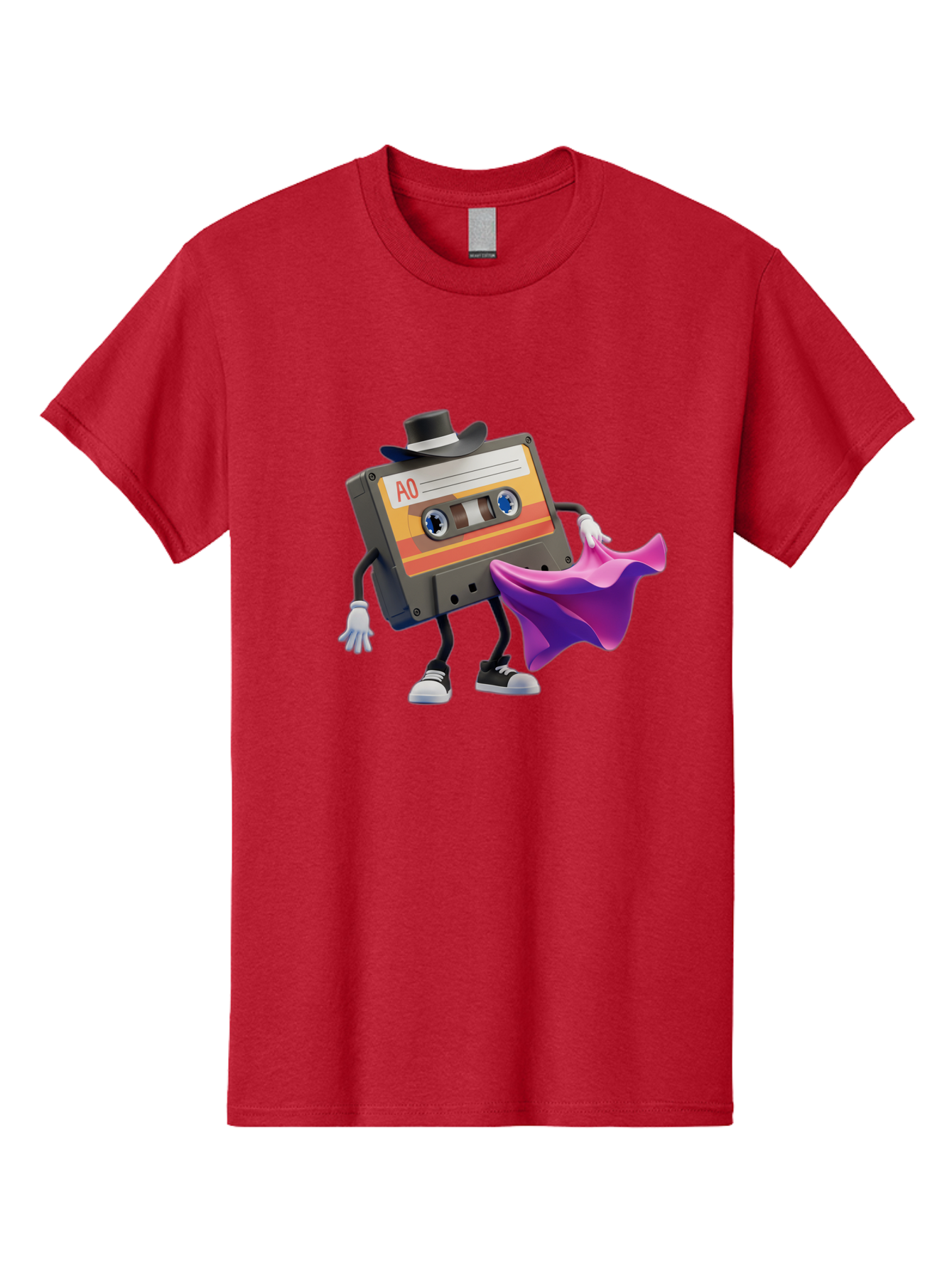 Cassette-Tape-A0 Men'S Graphic Tee, 100% Cotton, Comfortable Casual Summer Wear, Machine Washable, Cassette Tape Character, Retro Music, Vintage Style, A0 Label, Fancy Hat, Cape, Cool Pose, Nostalgic Charm, Funky Vibe Baa272