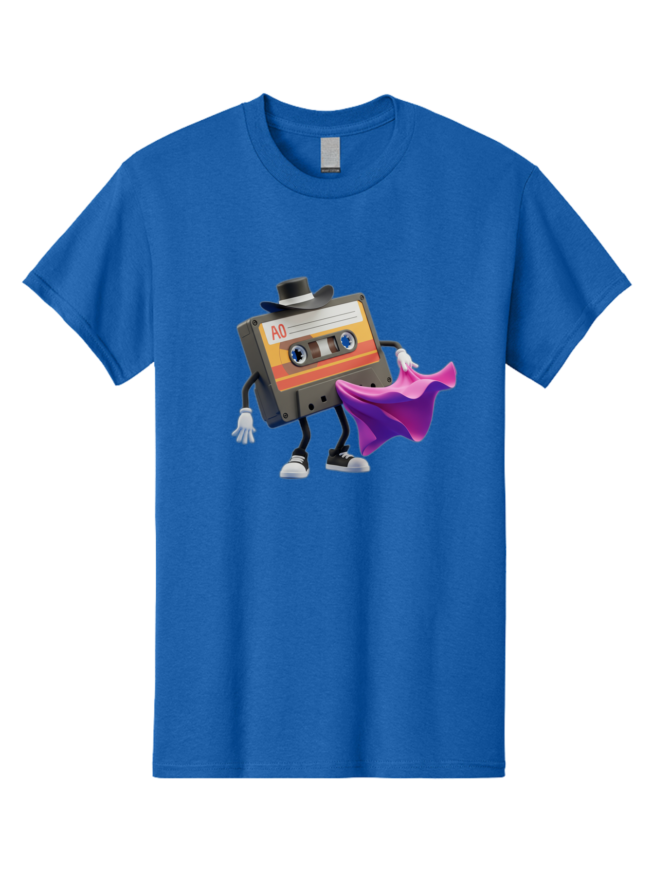 Cassette-Tape-A0 Men'S Graphic Tee, 100% Cotton, Comfortable Casual Summer Wear, Machine Washable, Cassette Tape Character, Retro Music, Vintage Style, A0 Label, Fancy Hat, Cape, Cool Pose, Nostalgic Charm, Funky Vibe Baa272