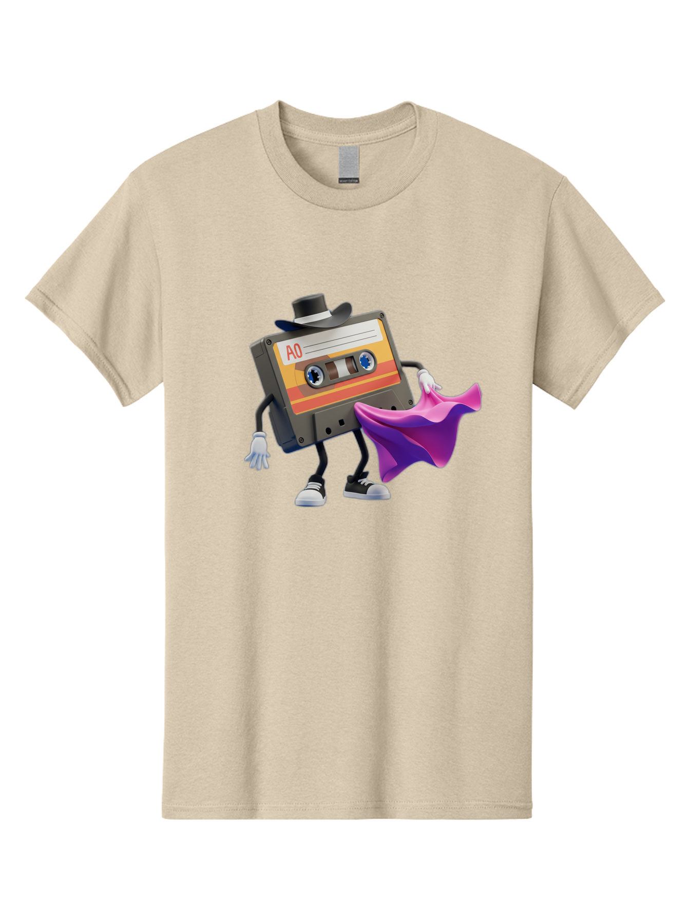 Cassette-Tape-A0 Men'S Graphic Tee, 100% Cotton, Comfortable Casual Summer Wear, Machine Washable, Cassette Tape Character, Retro Music, Vintage Style, A0 Label, Fancy Hat, Cape, Cool Pose, Nostalgic Charm, Funky Vibe Baa272