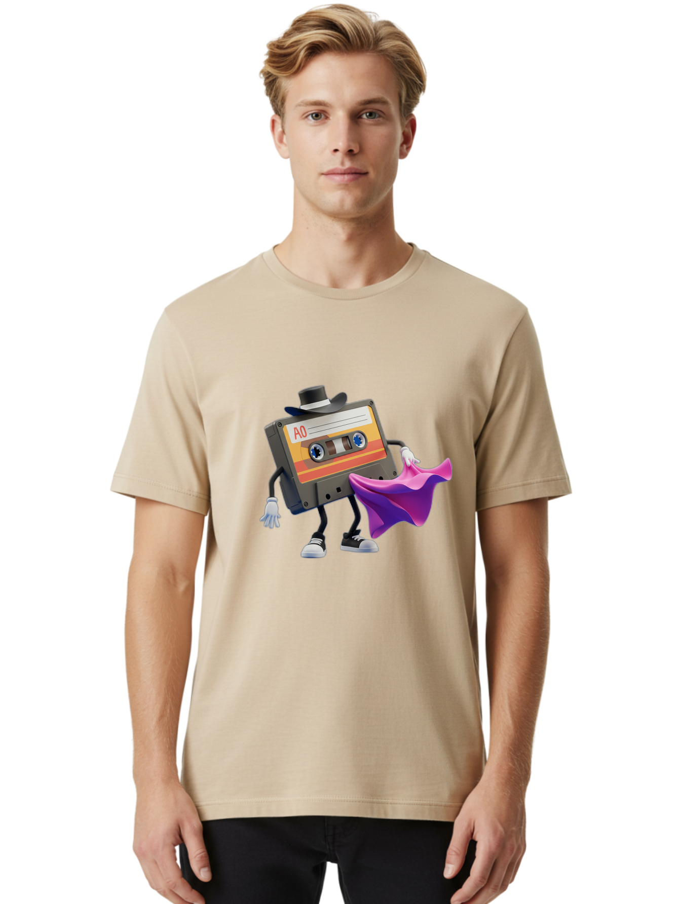 Cassette-Tape-A0 Men'S Graphic Tee, 100% Cotton, Comfortable Casual Summer Wear, Machine Washable, Cassette Tape Character, Retro Music, Vintage Style, A0 Label, Fancy Hat, Cape, Cool Pose, Nostalgic Charm, Funky Vibe Baa272