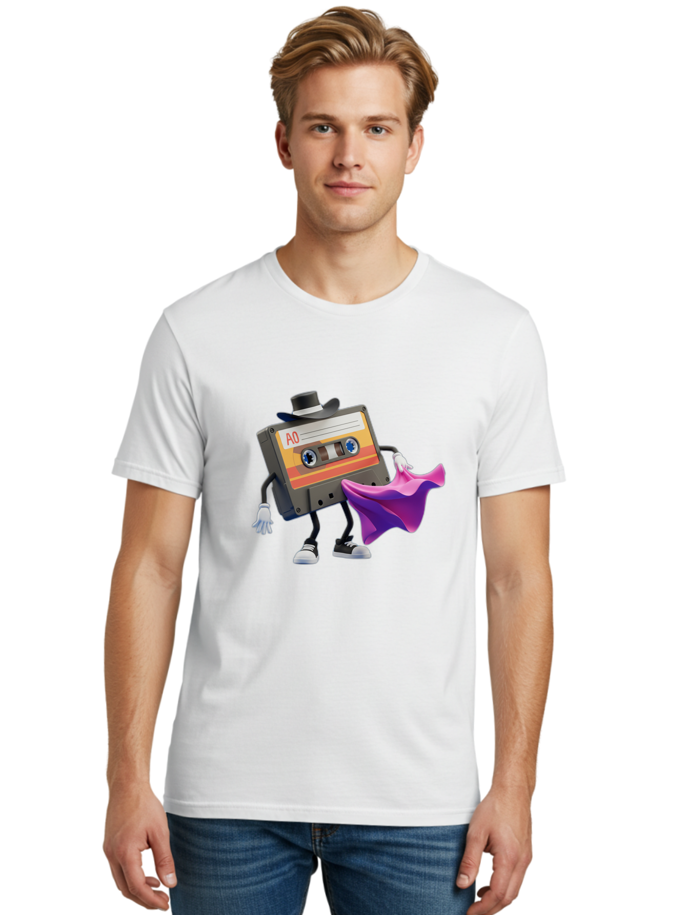 Cassette-Tape-A0 Men'S Graphic Tee, 100% Cotton, Comfortable Casual Summer Wear, Machine Washable, Cassette Tape Character, Retro Music, Vintage Style, A0 Label, Fancy Hat, Cape, Cool Pose, Nostalgic Charm, Funky Vibe Baa272