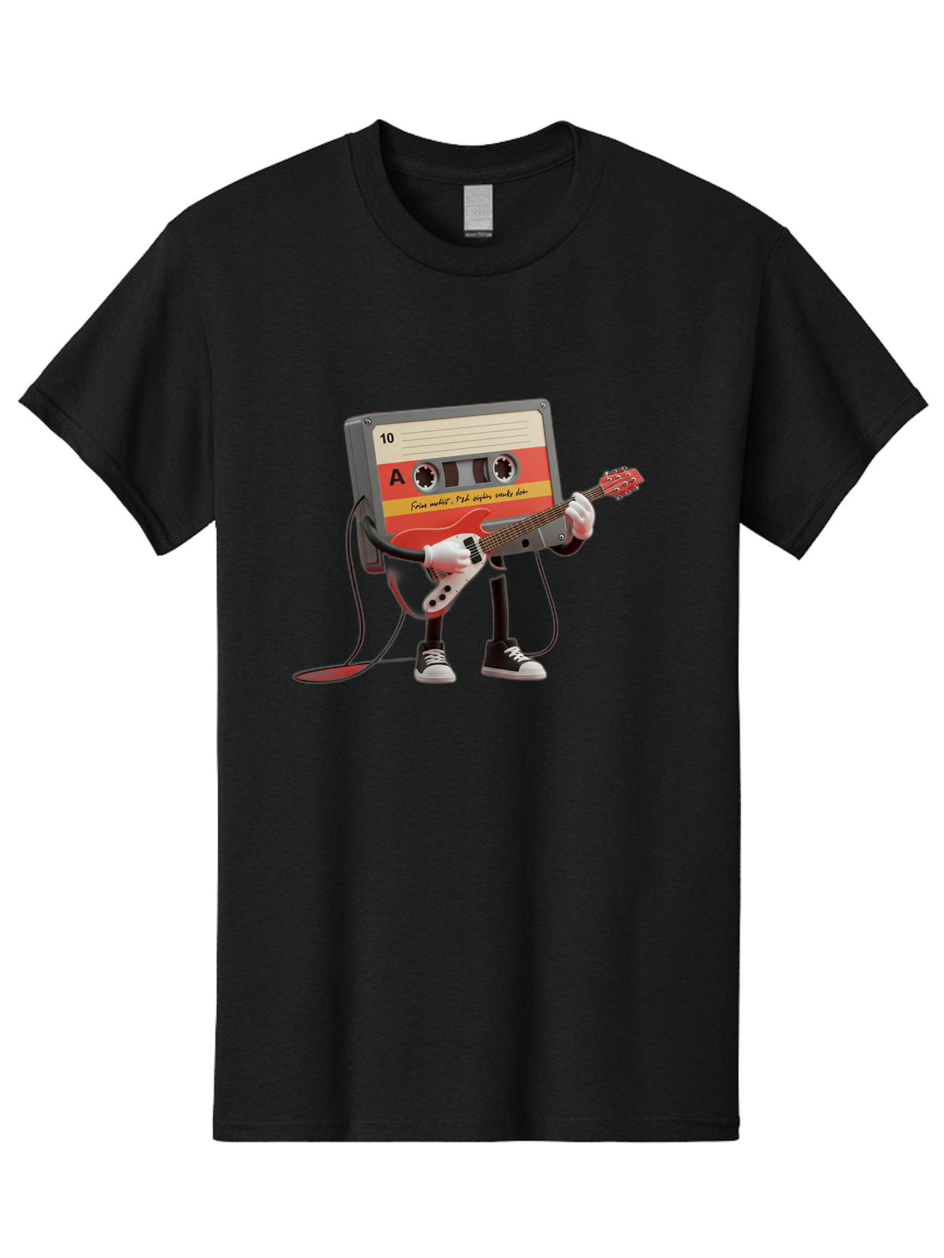 Cassette-Tape-Character-With-Guitar Men'S Graphic Tee, 100% Cotton, Comfortable Casual Summer Wear, Machine Washable, Cassette Tape Character, Playing Guitar, Music Lover, Retro Music, Nostalgic Vibe, 90S Music, Rock On, Guitar Hero, A10 Label Baa273