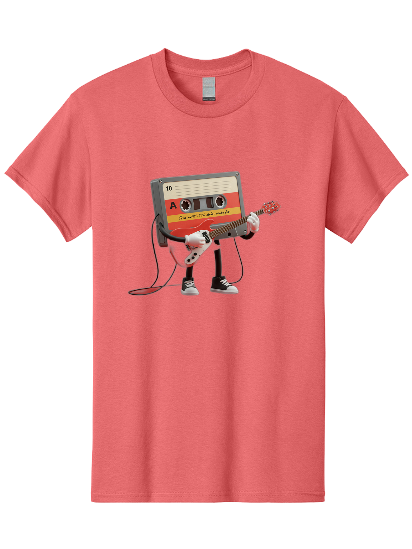 Cassette-Tape-Character-With-Guitar Men'S Graphic Tee, 100% Cotton, Comfortable Casual Summer Wear, Machine Washable, Cassette Tape Character, Playing Guitar, Music Lover, Retro Music, Nostalgic Vibe, 90S Music, Rock On, Guitar Hero, A10 Label Baa273
