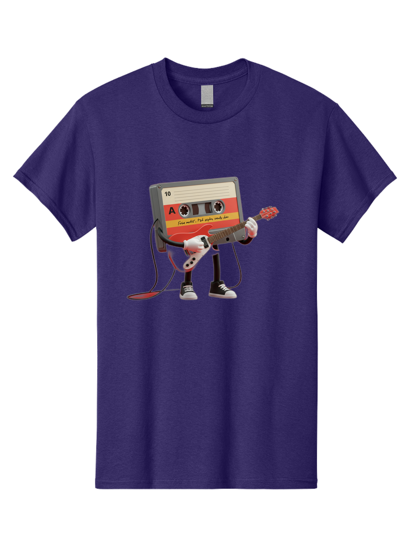 Cassette-Tape-Character-With-Guitar Men'S Graphic Tee, 100% Cotton, Comfortable Casual Summer Wear, Machine Washable, Cassette Tape Character, Playing Guitar, Music Lover, Retro Music, Nostalgic Vibe, 90S Music, Rock On, Guitar Hero, A10 Label Baa273