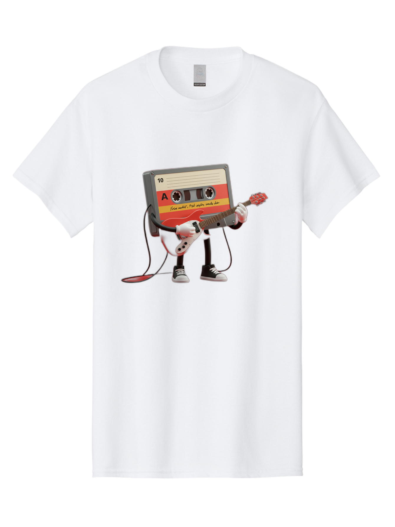 Cassette-Tape-Character-With-Guitar Men'S Graphic Tee, 100% Cotton, Comfortable Casual Summer Wear, Machine Washable, Cassette Tape Character, Playing Guitar, Music Lover, Retro Music, Nostalgic Vibe, 90S Music, Rock On, Guitar Hero, A10 Label Baa273