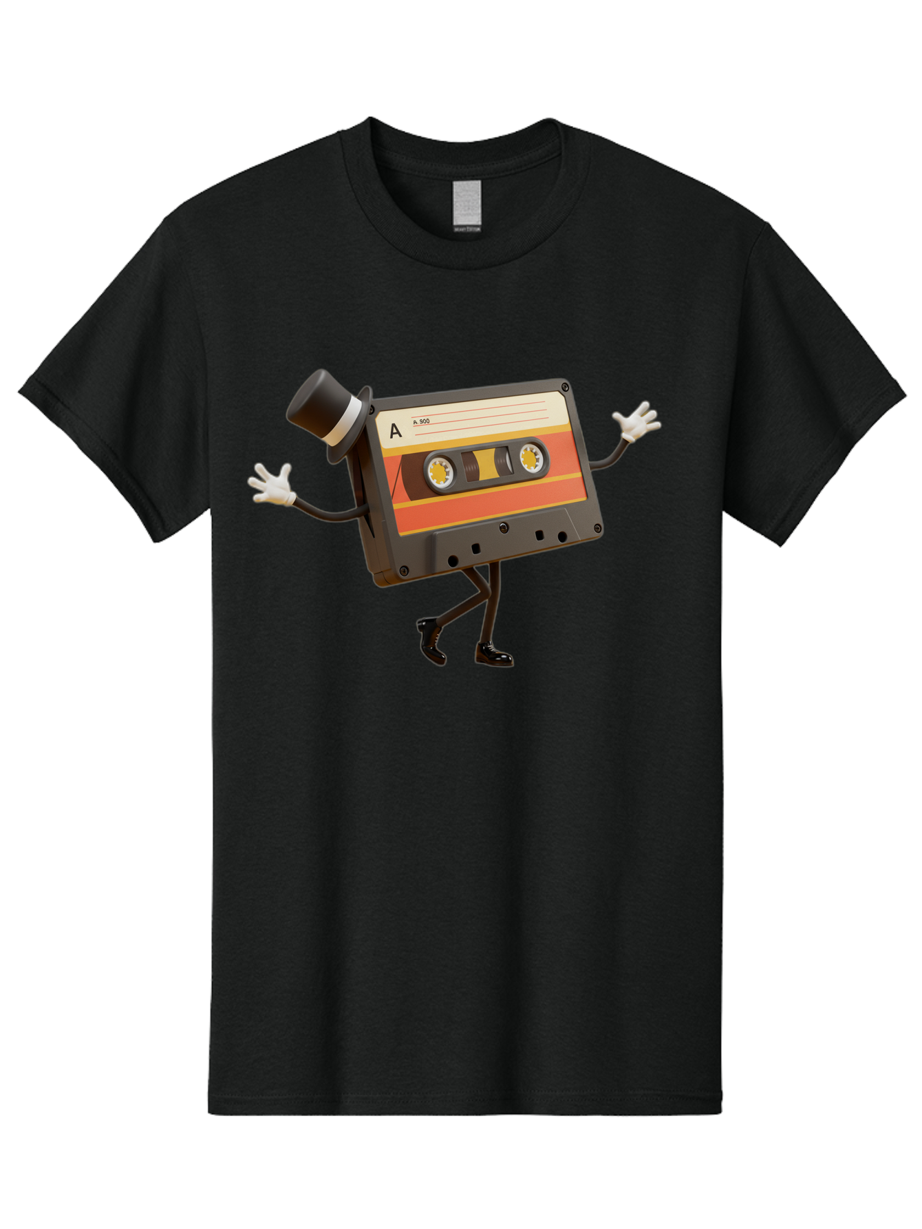 Cassette-Tape Men'S Graphic Tee, 100% Cotton, Comfortable Casual Summer Wear, Machine Washable, Retro Cassette Tape, Anthropomorphic Design, Top Hat, Gloves, Stick Figure Legs, Vintage Audio, Nostalgic Charm, Playful Illustration, Baa274