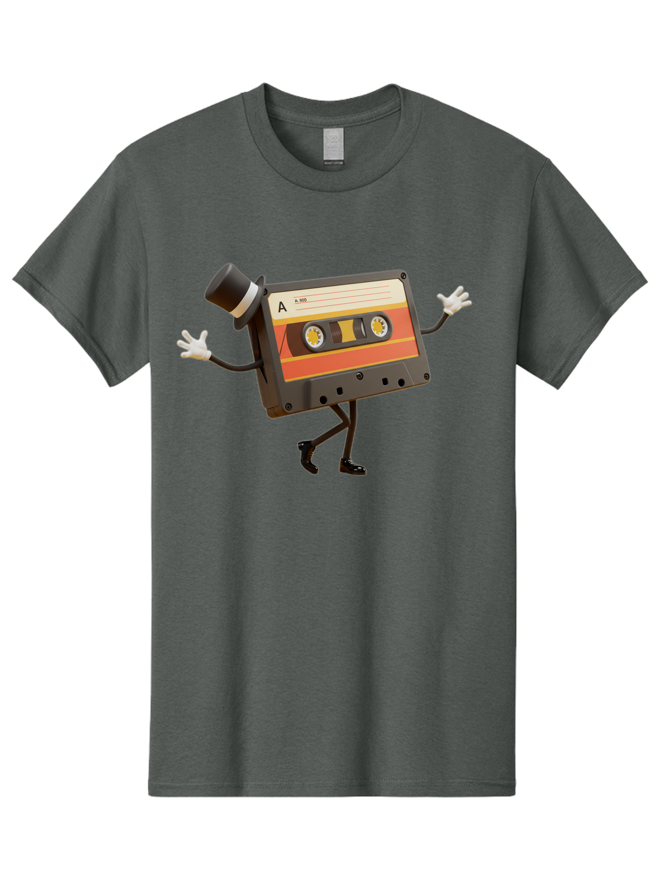 Cassette-Tape Men'S Graphic Tee, 100% Cotton, Comfortable Casual Summer Wear, Machine Washable, Retro Cassette Tape, Anthropomorphic Design, Top Hat, Gloves, Stick Figure Legs, Vintage Audio, Nostalgic Charm, Playful Illustration, Baa274