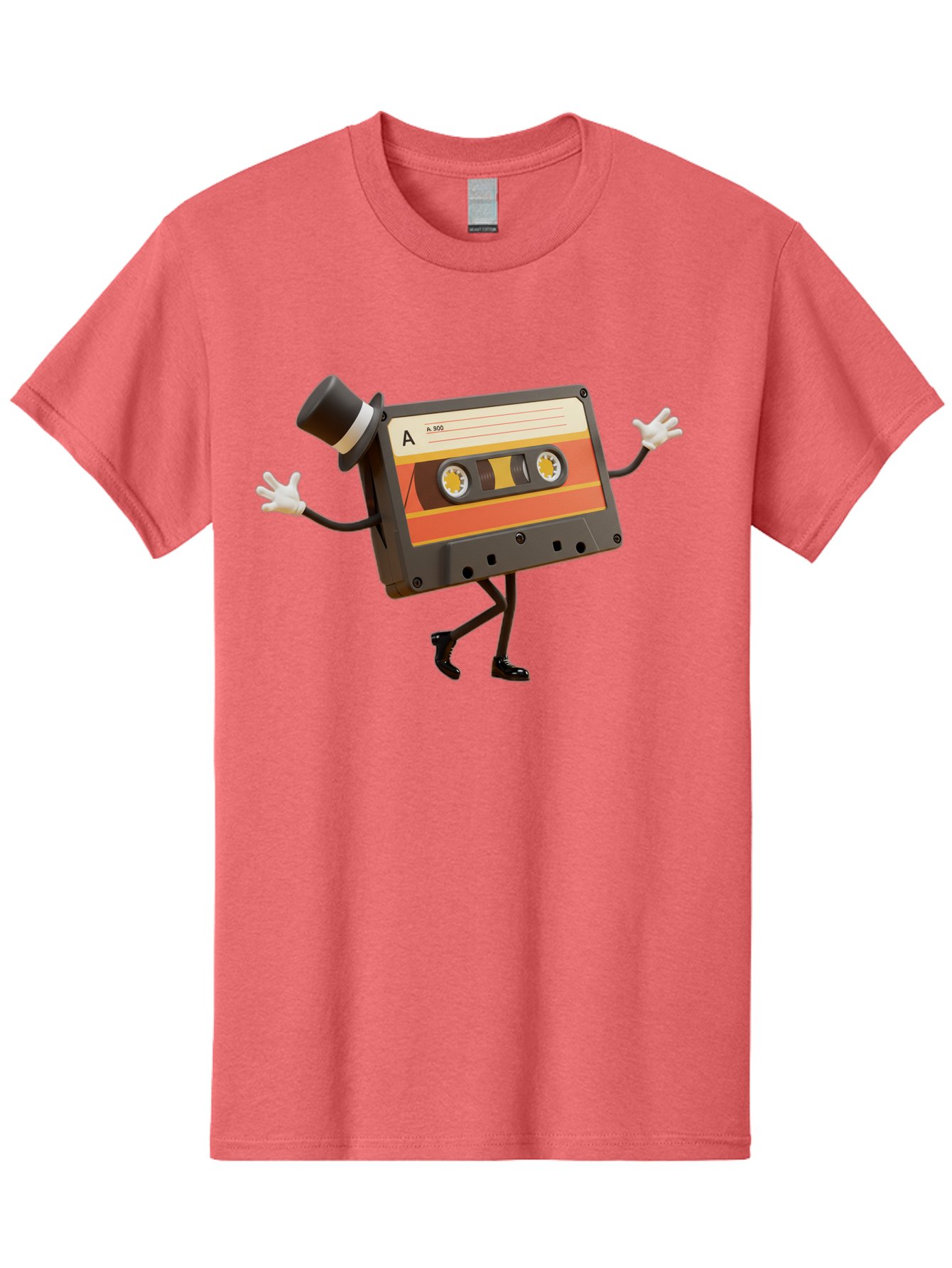 Cassette-Tape Men'S Graphic Tee, 100% Cotton, Comfortable Casual Summer Wear, Machine Washable, Retro Cassette Tape, Anthropomorphic Design, Top Hat, Gloves, Stick Figure Legs, Vintage Audio, Nostalgic Charm, Playful Illustration, Baa274