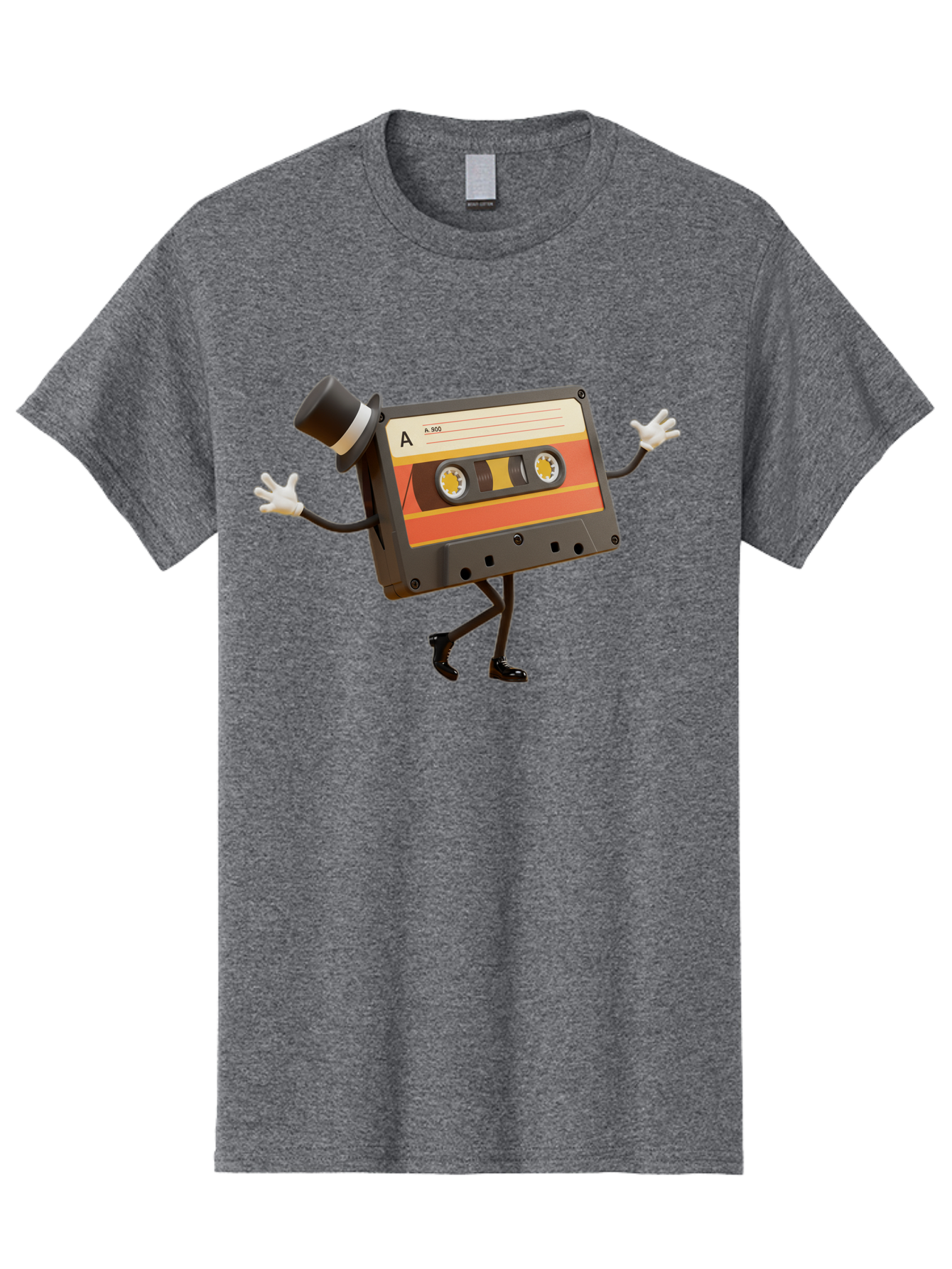 Cassette-Tape Men'S Graphic Tee, 100% Cotton, Comfortable Casual Summer Wear, Machine Washable, Retro Cassette Tape, Anthropomorphic Design, Top Hat, Gloves, Stick Figure Legs, Vintage Audio, Nostalgic Charm, Playful Illustration, Baa274