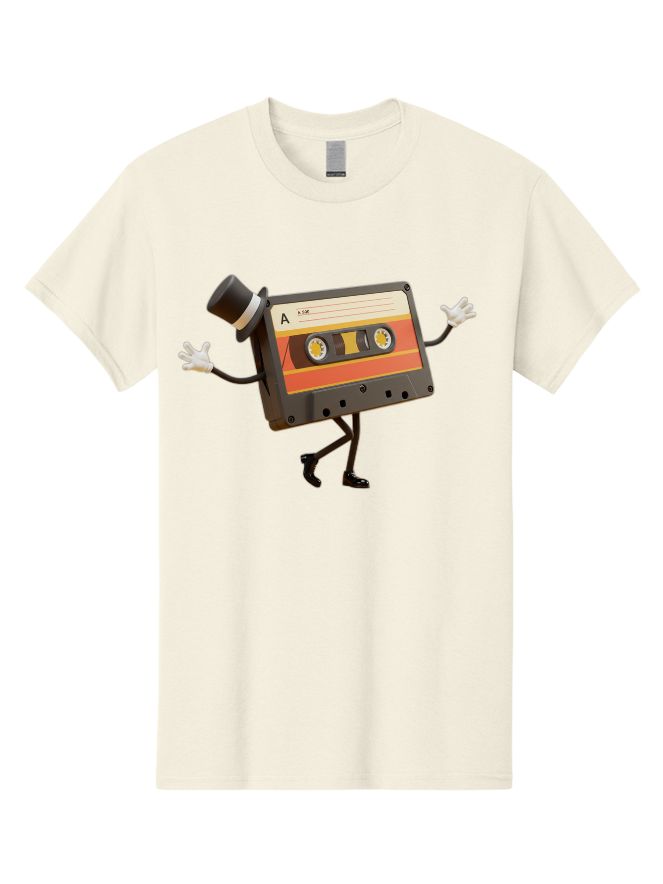 Cassette-Tape Men'S Graphic Tee, 100% Cotton, Comfortable Casual Summer Wear, Machine Washable, Retro Cassette Tape, Anthropomorphic Design, Top Hat, Gloves, Stick Figure Legs, Vintage Audio, Nostalgic Charm, Playful Illustration, Baa274