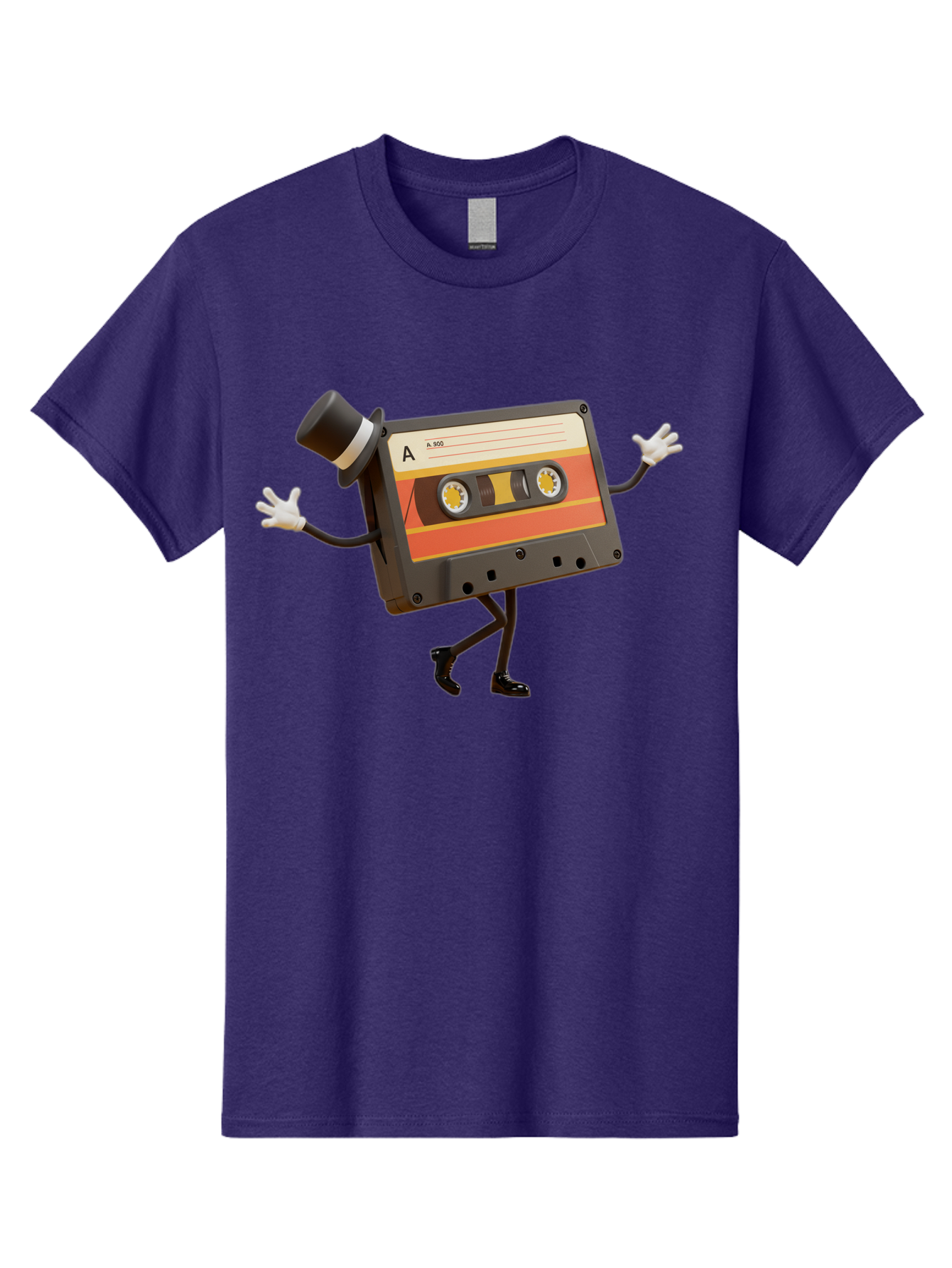 Cassette-Tape Men'S Graphic Tee, 100% Cotton, Comfortable Casual Summer Wear, Machine Washable, Retro Cassette Tape, Anthropomorphic Design, Top Hat, Gloves, Stick Figure Legs, Vintage Audio, Nostalgic Charm, Playful Illustration, Baa274