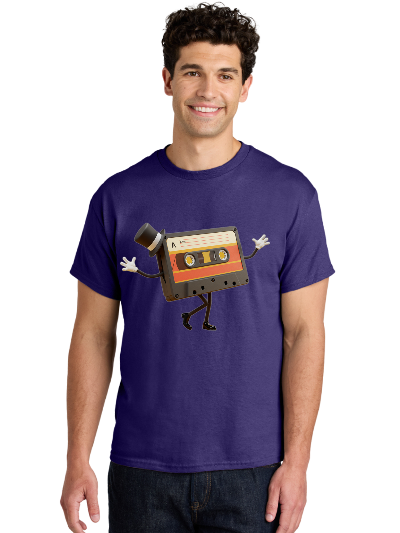 Cassette-Tape Men'S Graphic Tee, 100% Cotton, Comfortable Casual Summer Wear, Machine Washable, Retro Cassette Tape, Anthropomorphic Design, Top Hat, Gloves, Stick Figure Legs, Vintage Audio, Nostalgic Charm, Playful Illustration, Baa274