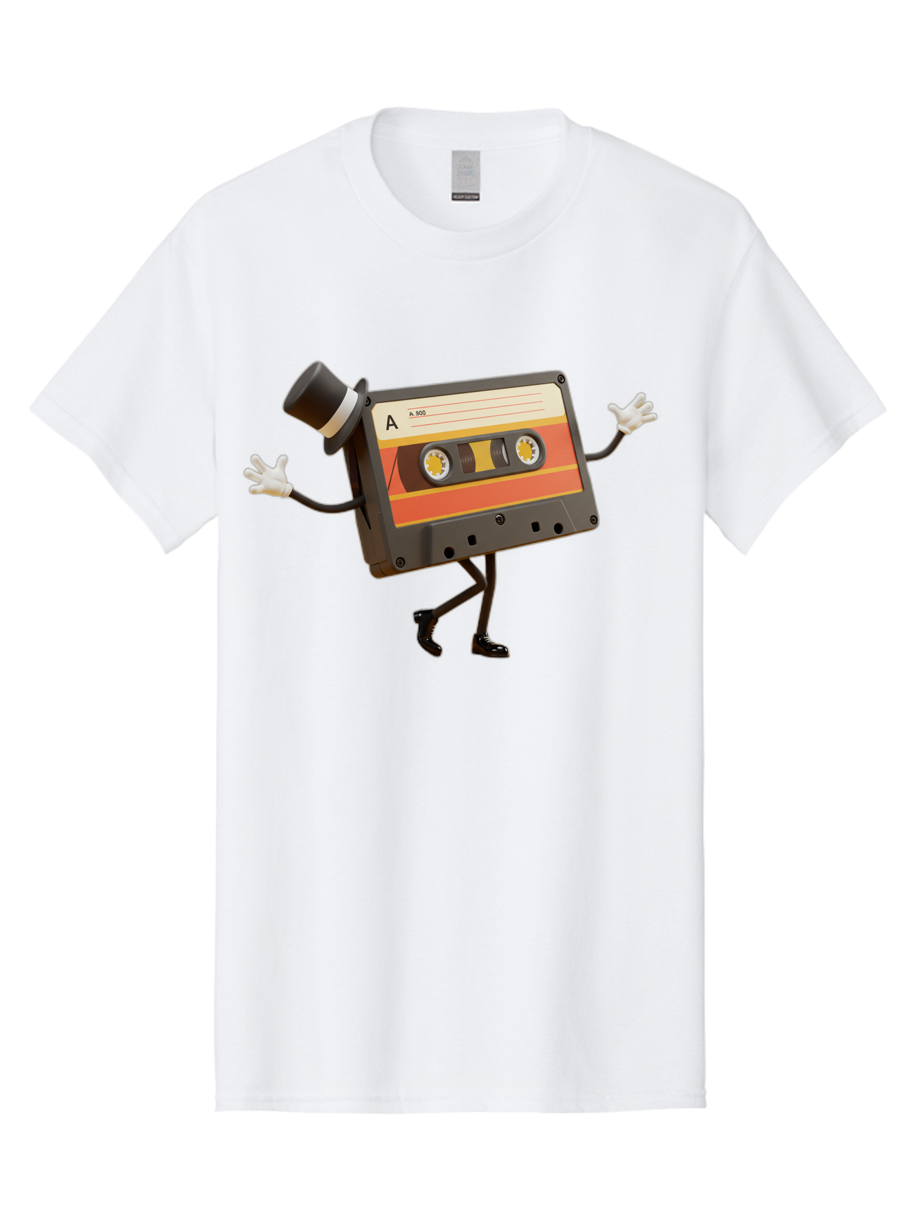 Cassette-Tape Men'S Graphic Tee, 100% Cotton, Comfortable Casual Summer Wear, Machine Washable, Retro Cassette Tape, Anthropomorphic Design, Top Hat, Gloves, Stick Figure Legs, Vintage Audio, Nostalgic Charm, Playful Illustration, Baa274
