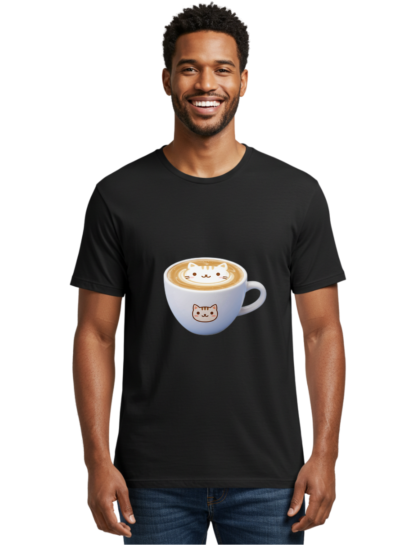 Cat-Coffee Men'S Graphic Tee, 100% Cotton, Comfortable Casual Summer Wear, Machine Washable, Cat Face Latte Art, Coffee Cup Design, Feline Illustration, Cute Cat Graphics, Coffee Culture, Latte Art, Adorable Cat Face Baa275