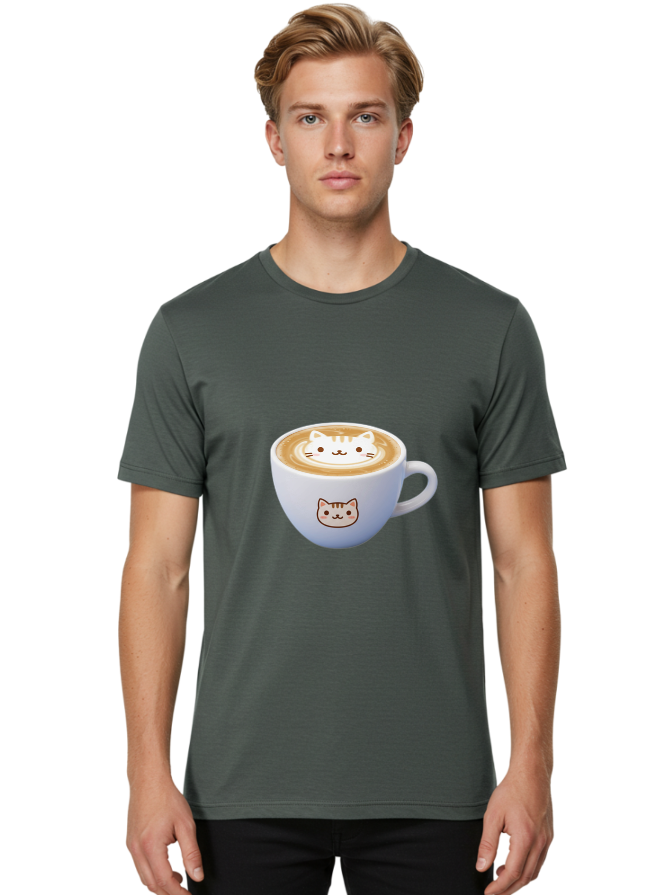 Cat-Coffee Men'S Graphic Tee, 100% Cotton, Comfortable Casual Summer Wear, Machine Washable, Cat Face Latte Art, Coffee Cup Design, Feline Illustration, Cute Cat Graphics, Coffee Culture, Latte Art, Adorable Cat Face Baa275